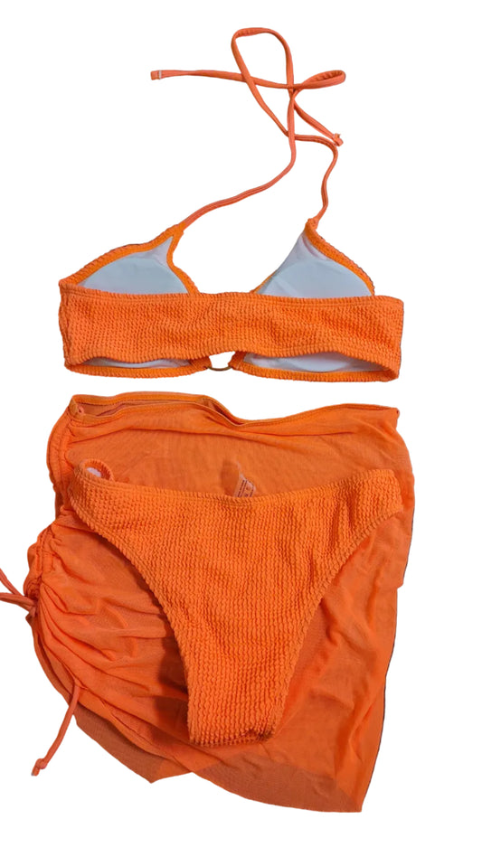 #1041 Orange Textured Bikini Set with Mesh Cover-Up 3 Piece Swimsuit