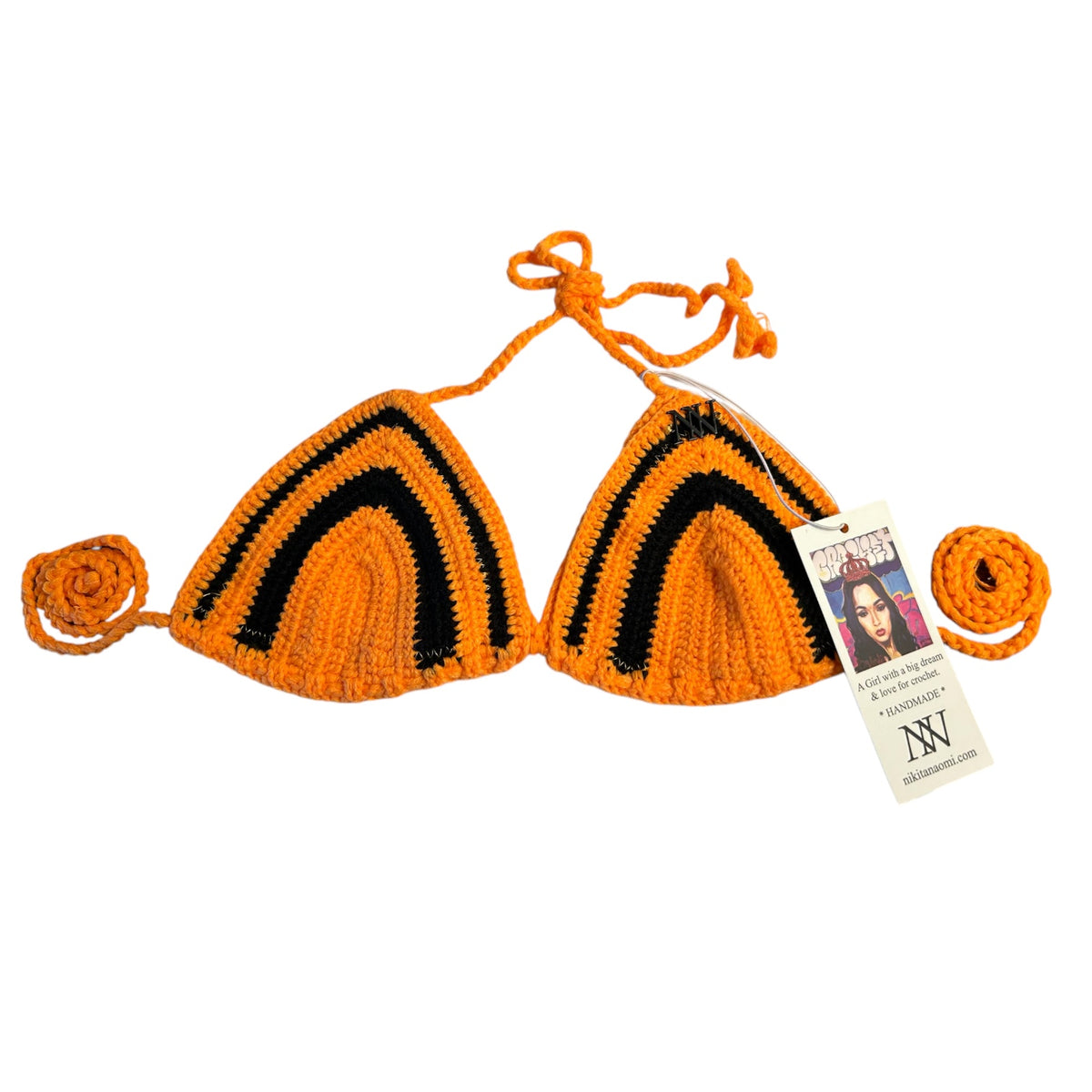 Orange and Black Striped Handmade Crochet Bikini Top by Nikita Naomi