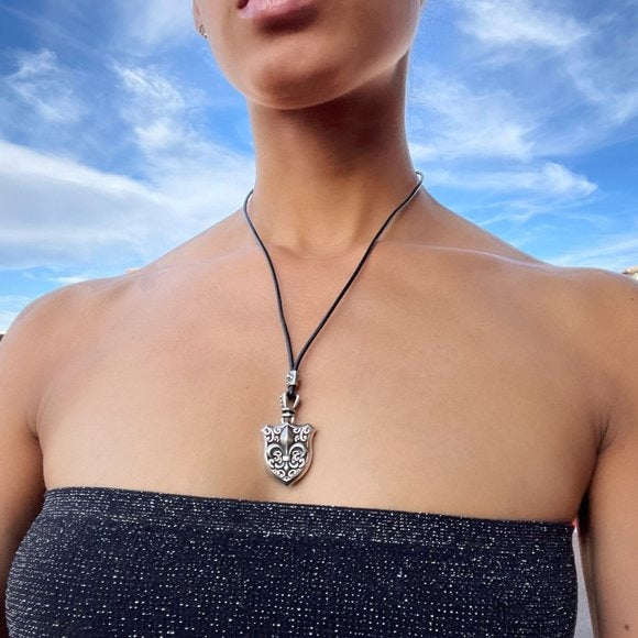 Stigma by Kim Min Sun Silver Shield Pendant Necklace On Black Cord