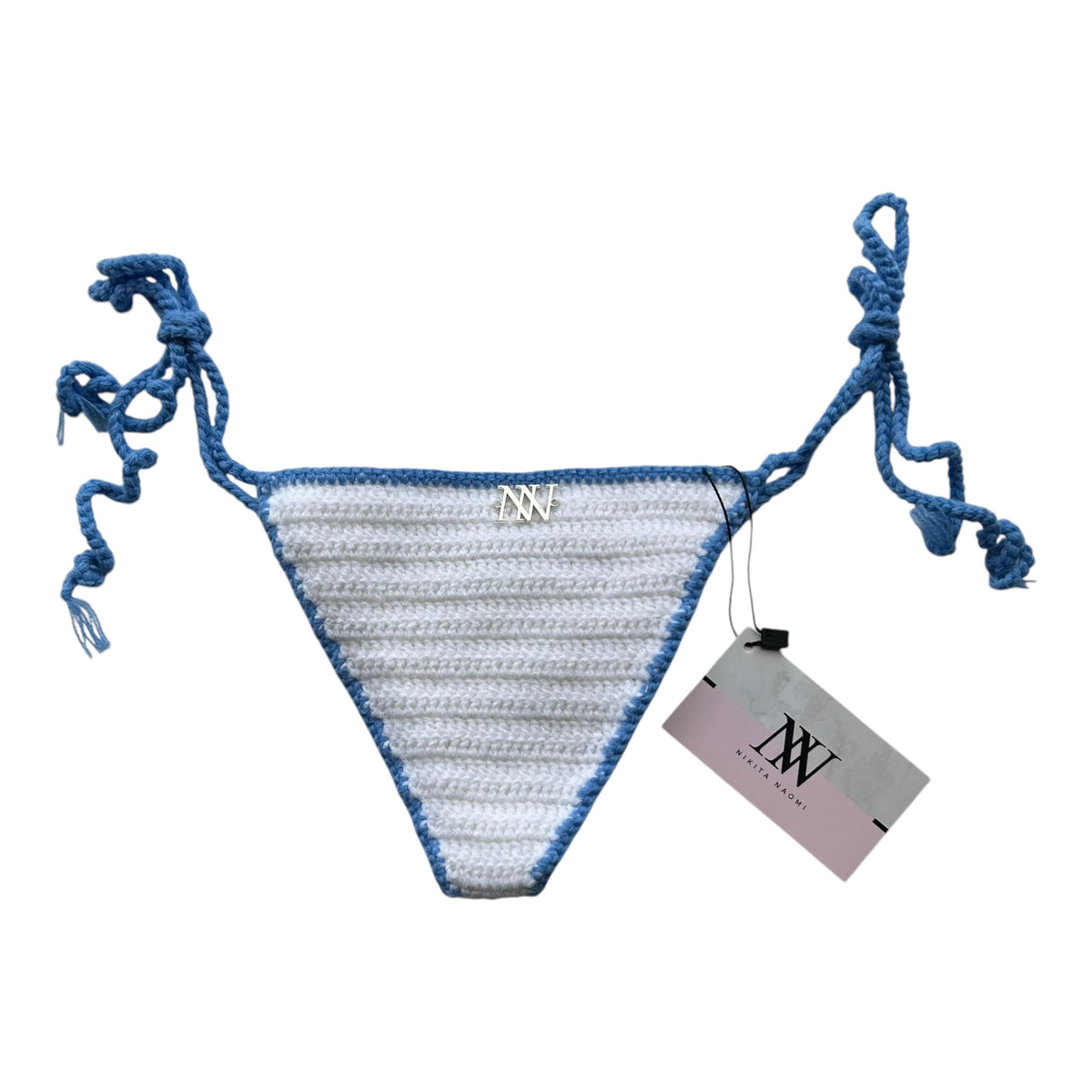 White with Blue Border Mini Crochet Bikini Bottom by Nikita Naomi