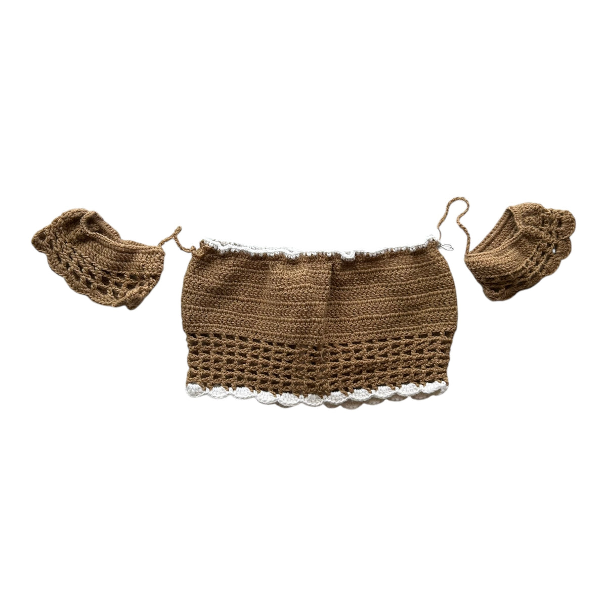 Tan with White Border Off the Shoulder Crochet Crop Top by Nikita Naomi