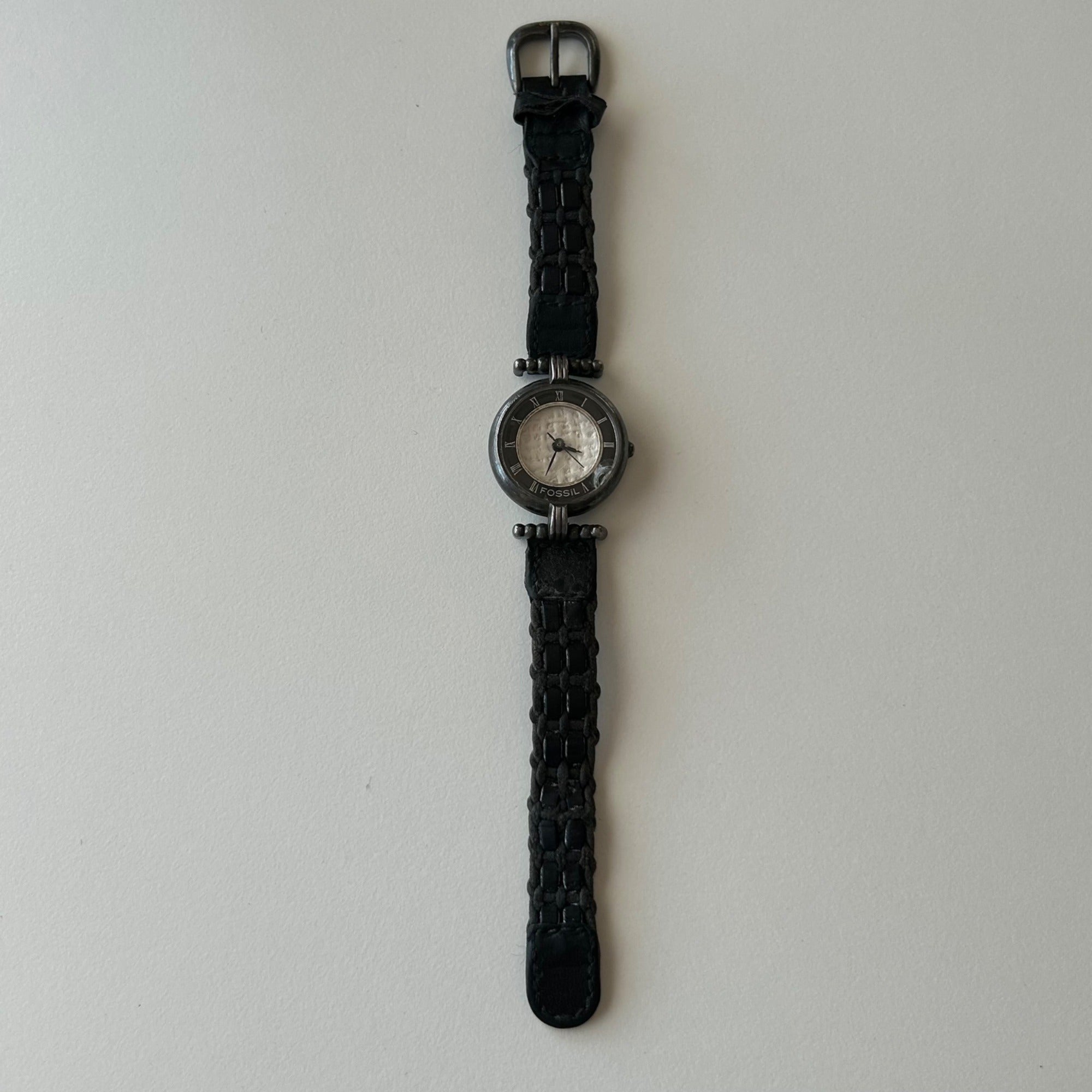Fossil Womens PC-9155 Silver-Tone Analog Watch With Black Braided Leather Strap