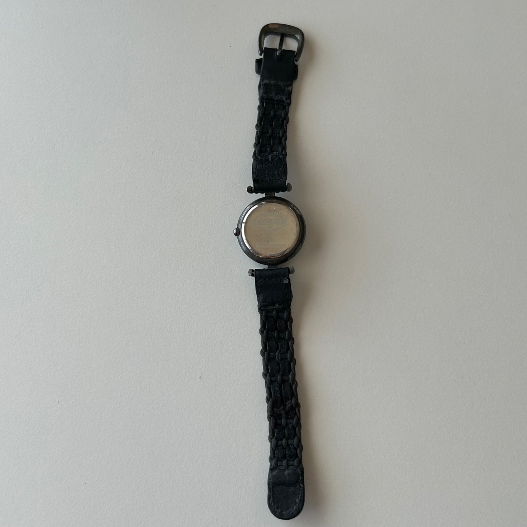 Fossil Womens PC-9155 Silver-Tone Analog Watch With Black Braided Leather Strap