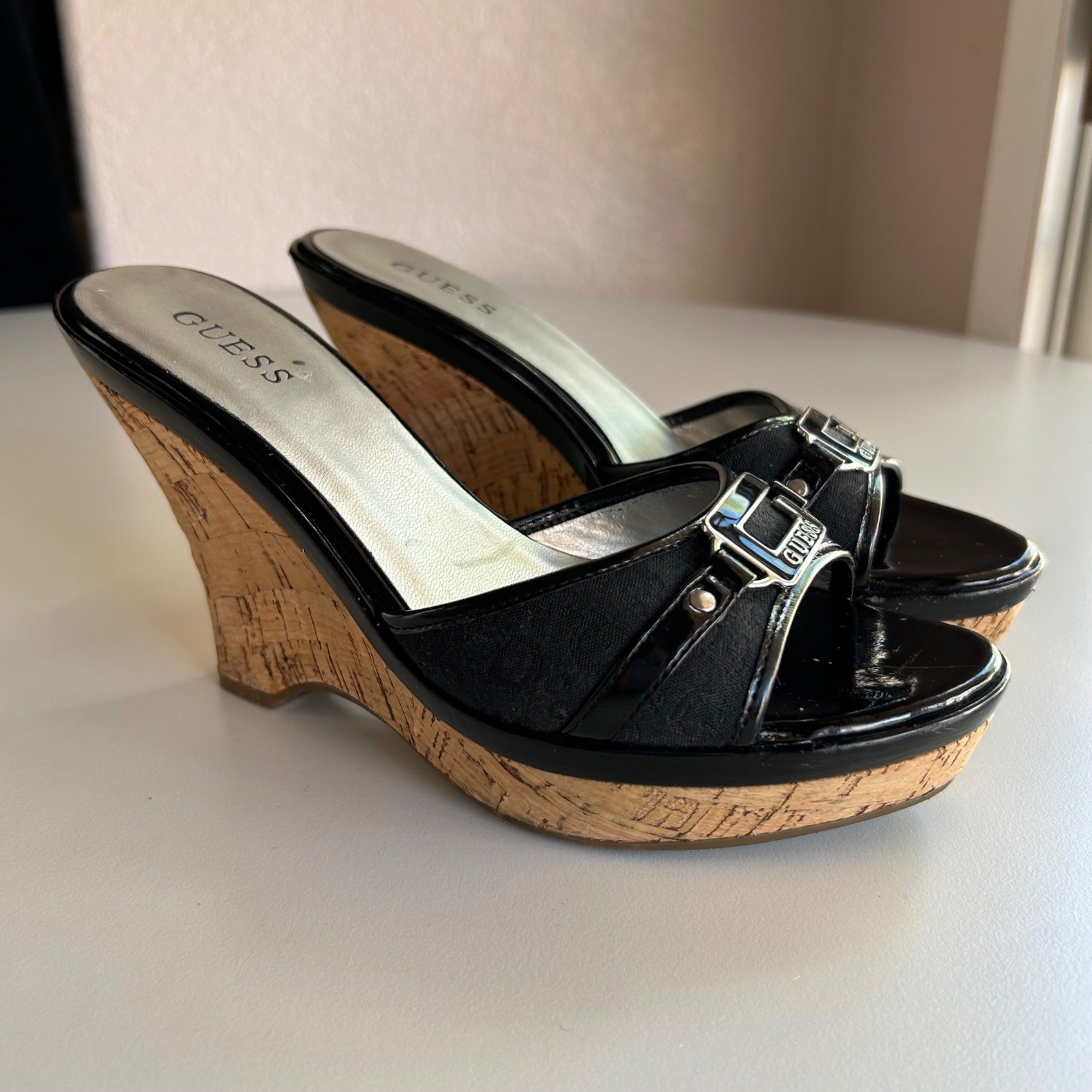 Guess "Hayworth" Platform Wedge Slip On Sandals in Black, Women's Size 7