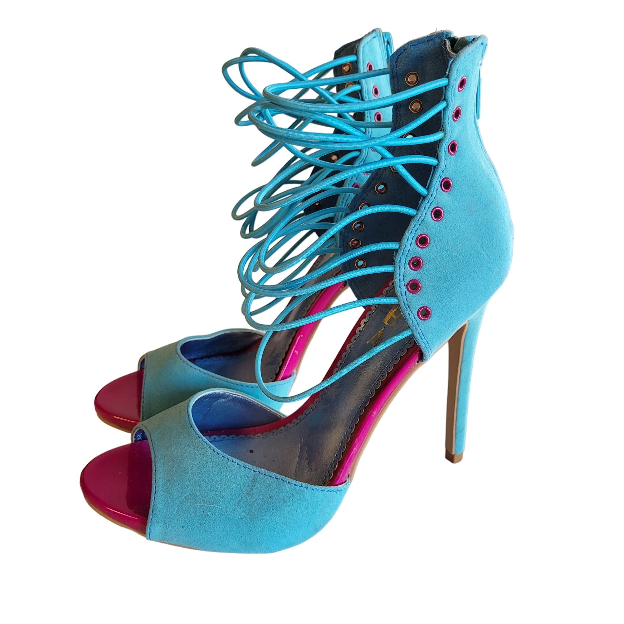 Alba Women's Size 7 Blue Suede Peep Toes Strappy Stiletto High Heels