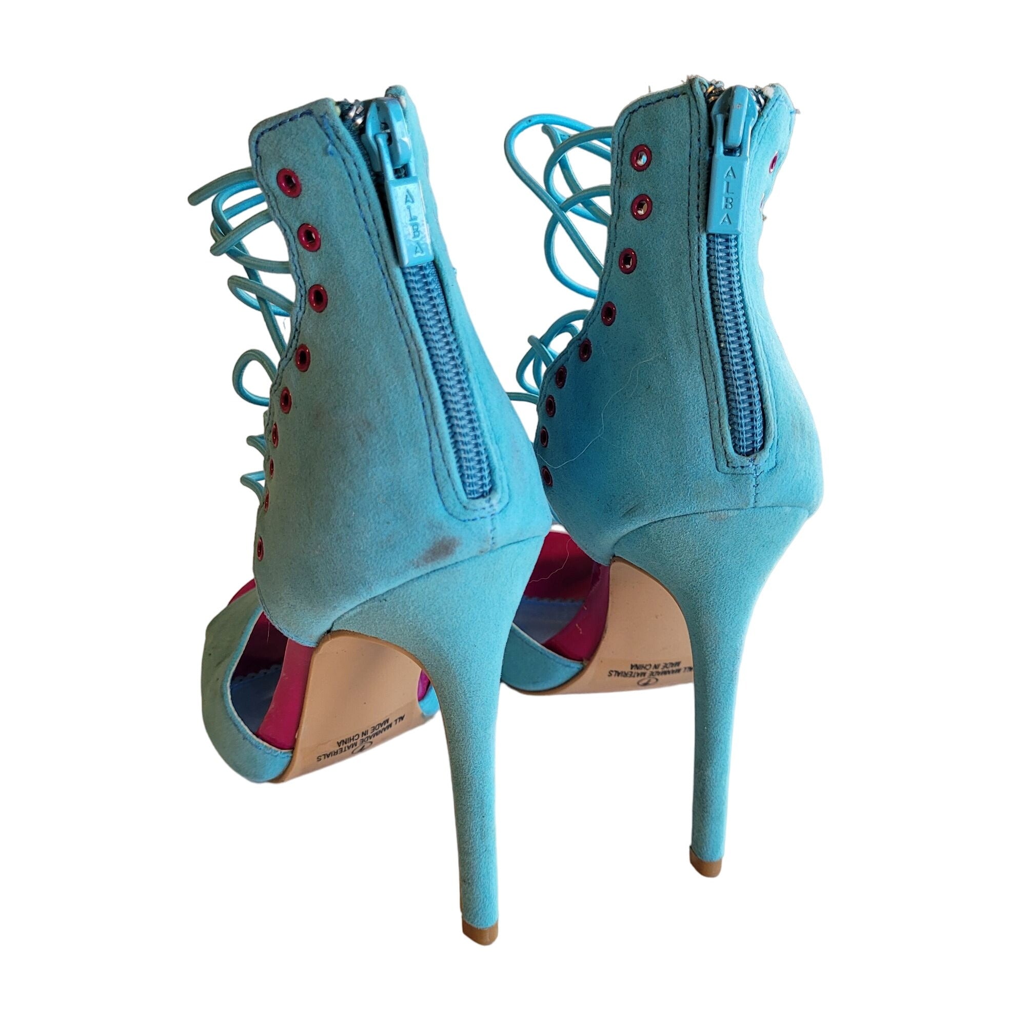 Alba Women's Size 7 Blue Suede Peep Toes Strappy Stiletto High Heels