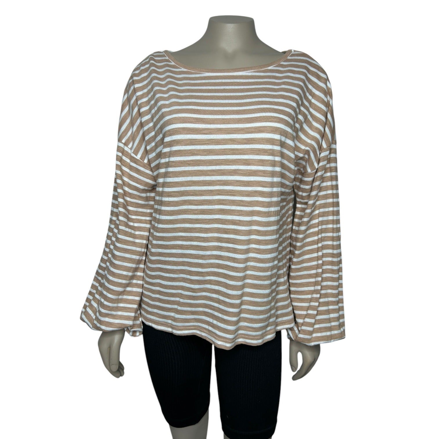 Sabo Women's Size XS Beige, White Striped Long Sleeves Round Neck Blouse