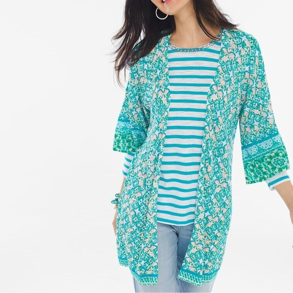 Chico's Green Tile Striped Cardigan Elbow Length Sleeves Women's Size 1