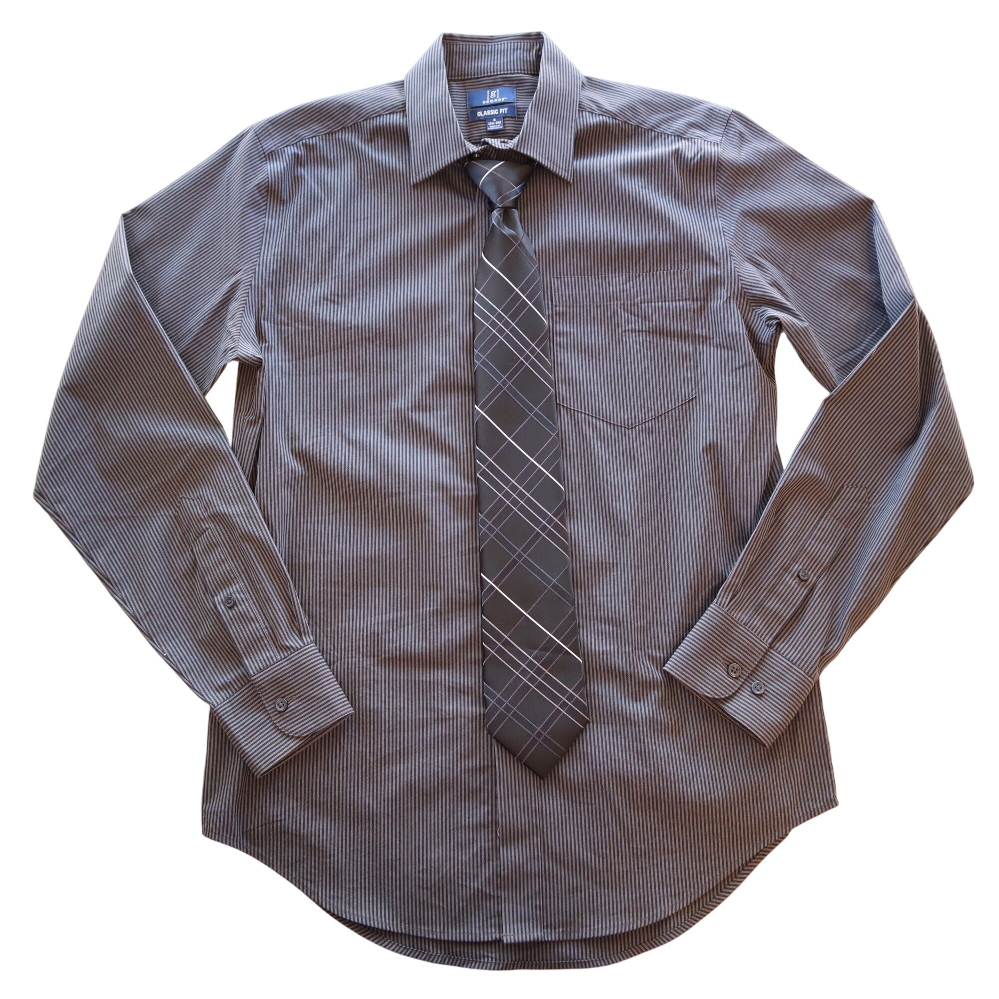 George Classic Fit Mens Dress Shirt Small Gray Stripe With Matching Zipper Tie
