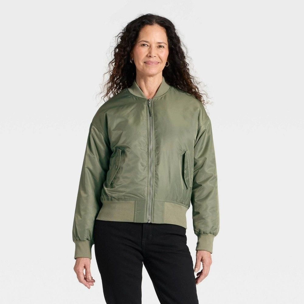 K-246 Universal Thread Women's Large Satin Bomber Jacket, Olive Green