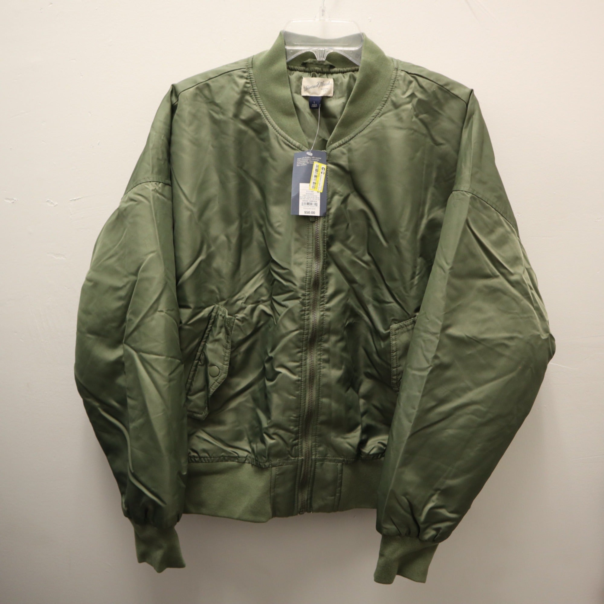 K-246 Universal Thread Women's Large Satin Bomber Jacket, Olive Green