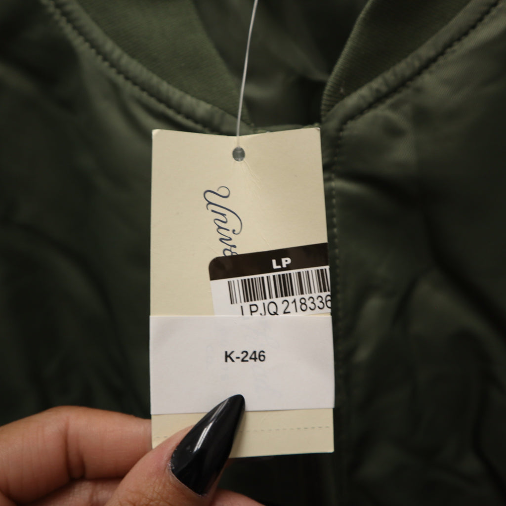 K-246 Universal Thread Women's Large Satin Bomber Jacket, Olive Green