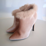 Shoe Republic LA Women's Velvet High-Heel Boots With Faux Fur Trim Size 7.5 Pink