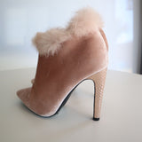 Shoe Republic LA Women's Velvet High-Heel Boots With Faux Fur Trim Size 7.5 Pink