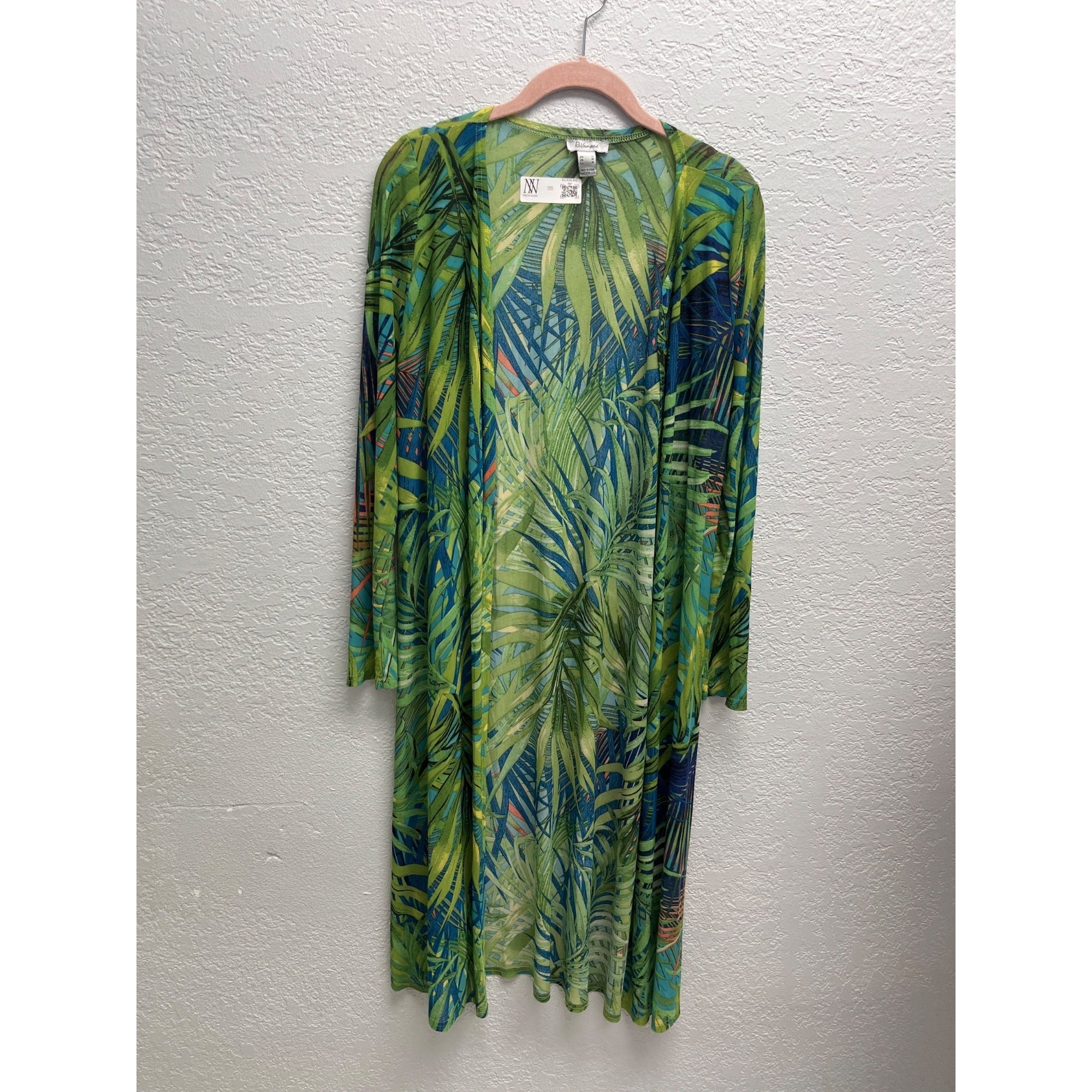 #1111 Revamped Size M Green Tropical Palm Print Longline Open Front Cardigan