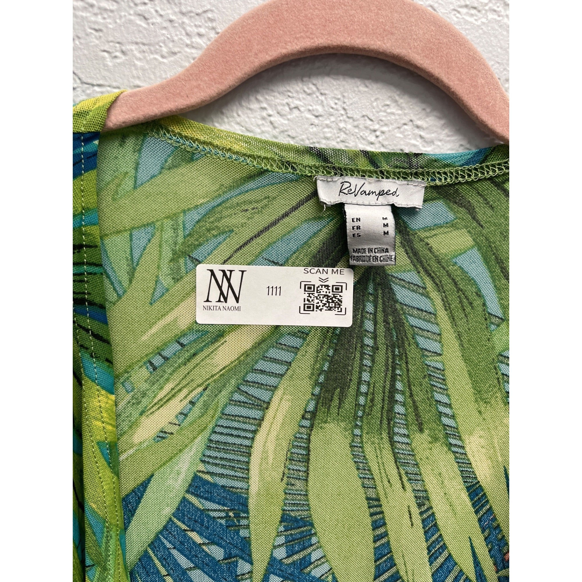 #1111 Revamped Size M Green Tropical Palm Print Longline Open Front Cardigan