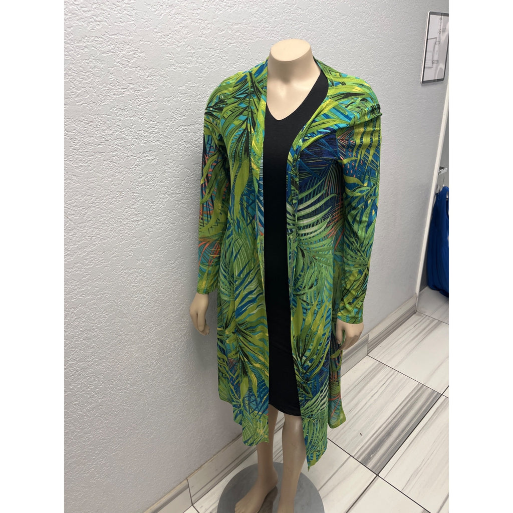 #1111 Revamped Size M Green Tropical Palm Print Longline Open Front Cardigan