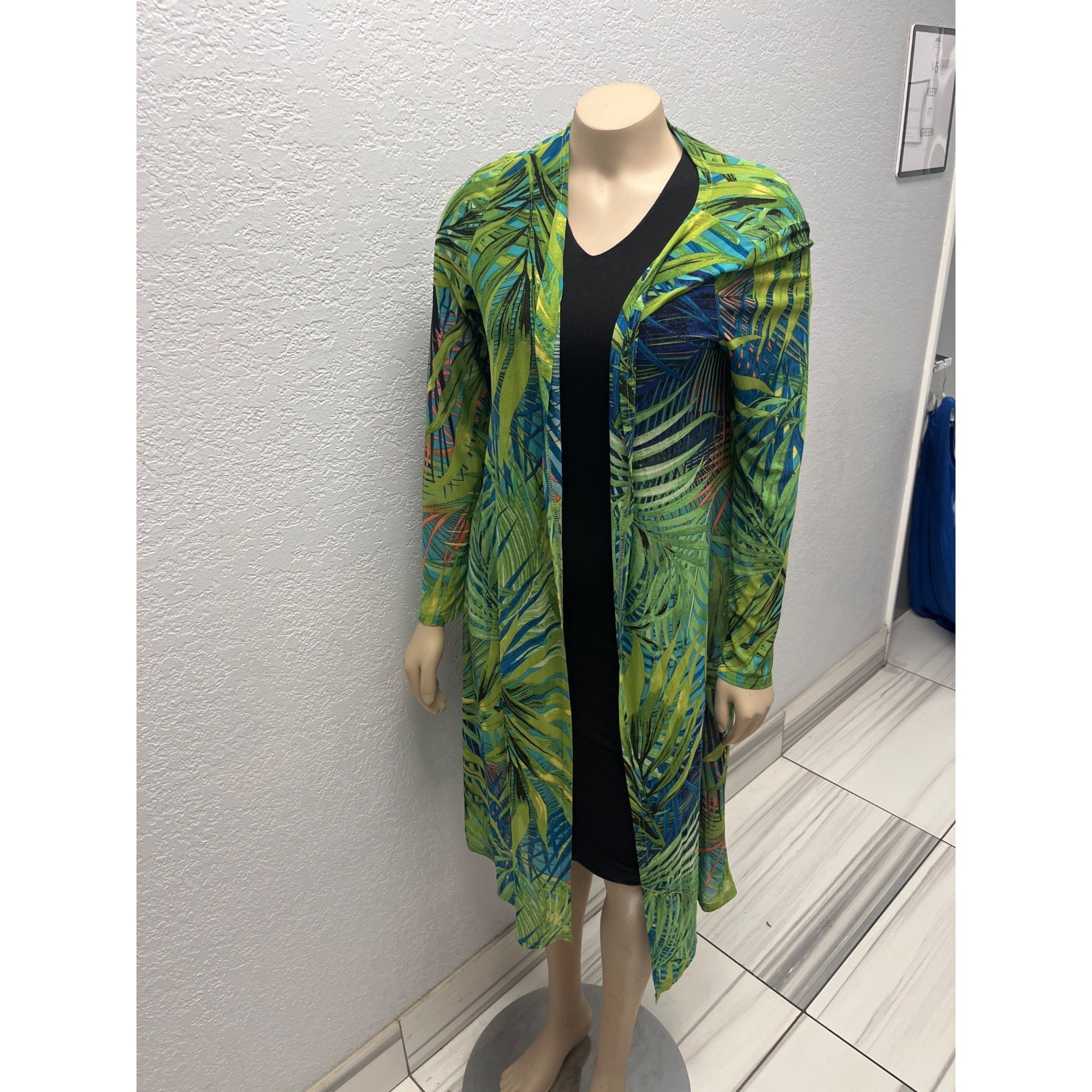 #1111 Revamped Size M Green Tropical Palm Print Longline Open Front Cardigan