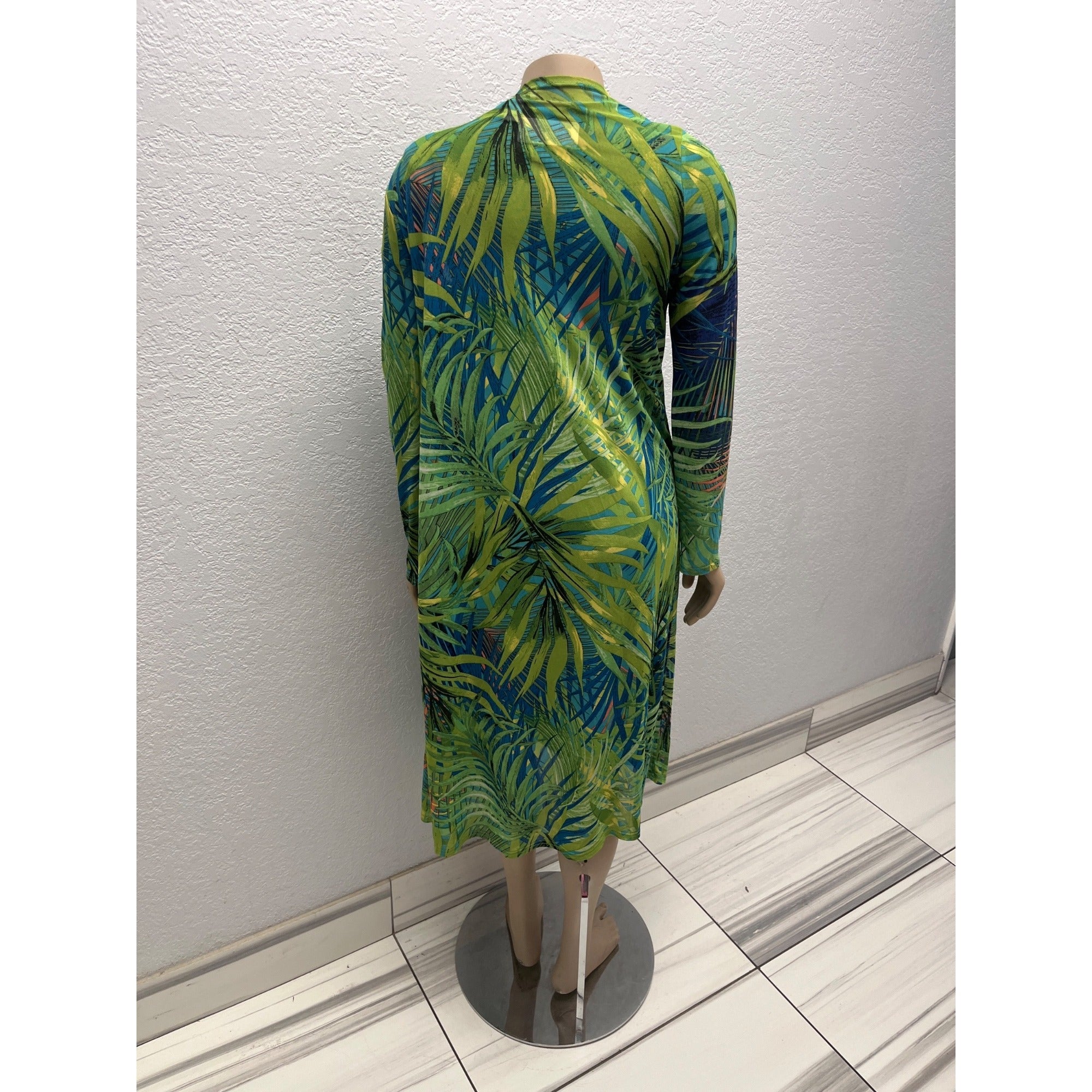#1111 Revamped Size M Green Tropical Palm Print Longline Open Front Cardigan