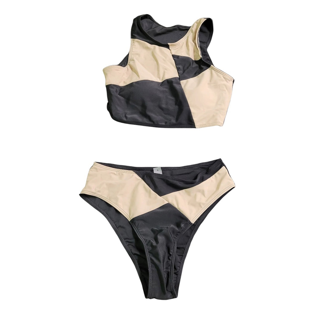 Geometric Panel Color Block Black/Beige Two-Piece Bikini Set