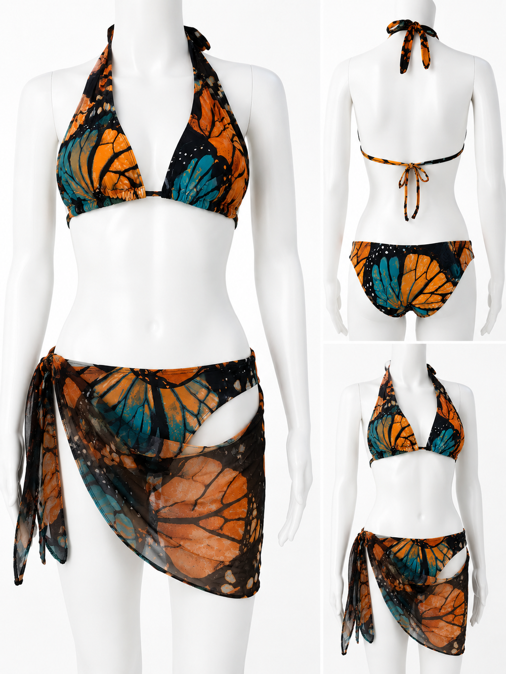 #1043 Butterfly Print 3 Piece Bikini Set Multicolor Mesh Cover-Up Swimsuit