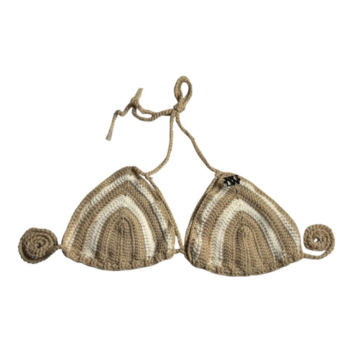 Beige and White Striped Handmade Crochet Bikini Top by Nikita Naomi