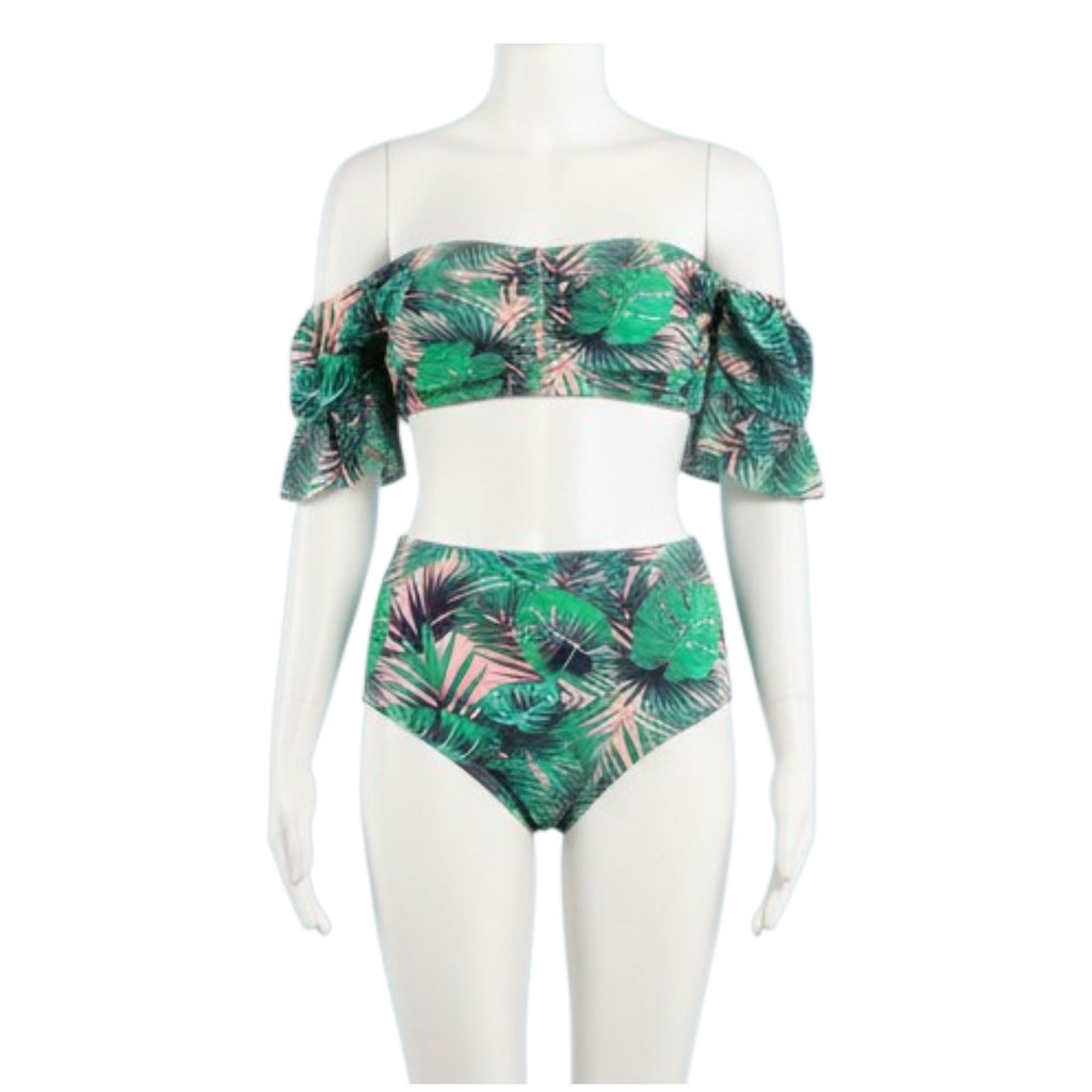 Cacelin Tropical Leaf Print Pink/Green Off-Shoulder High-Waisted Bikini Set