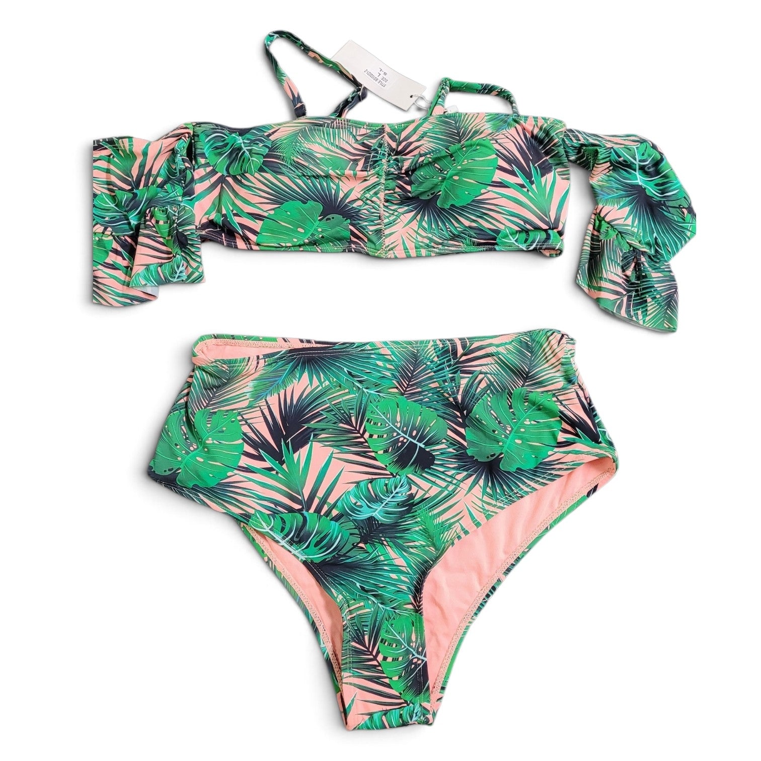 Cacelin Tropical Leaf Print Pink/Green Off-Shoulder High-Waisted Bikini Set