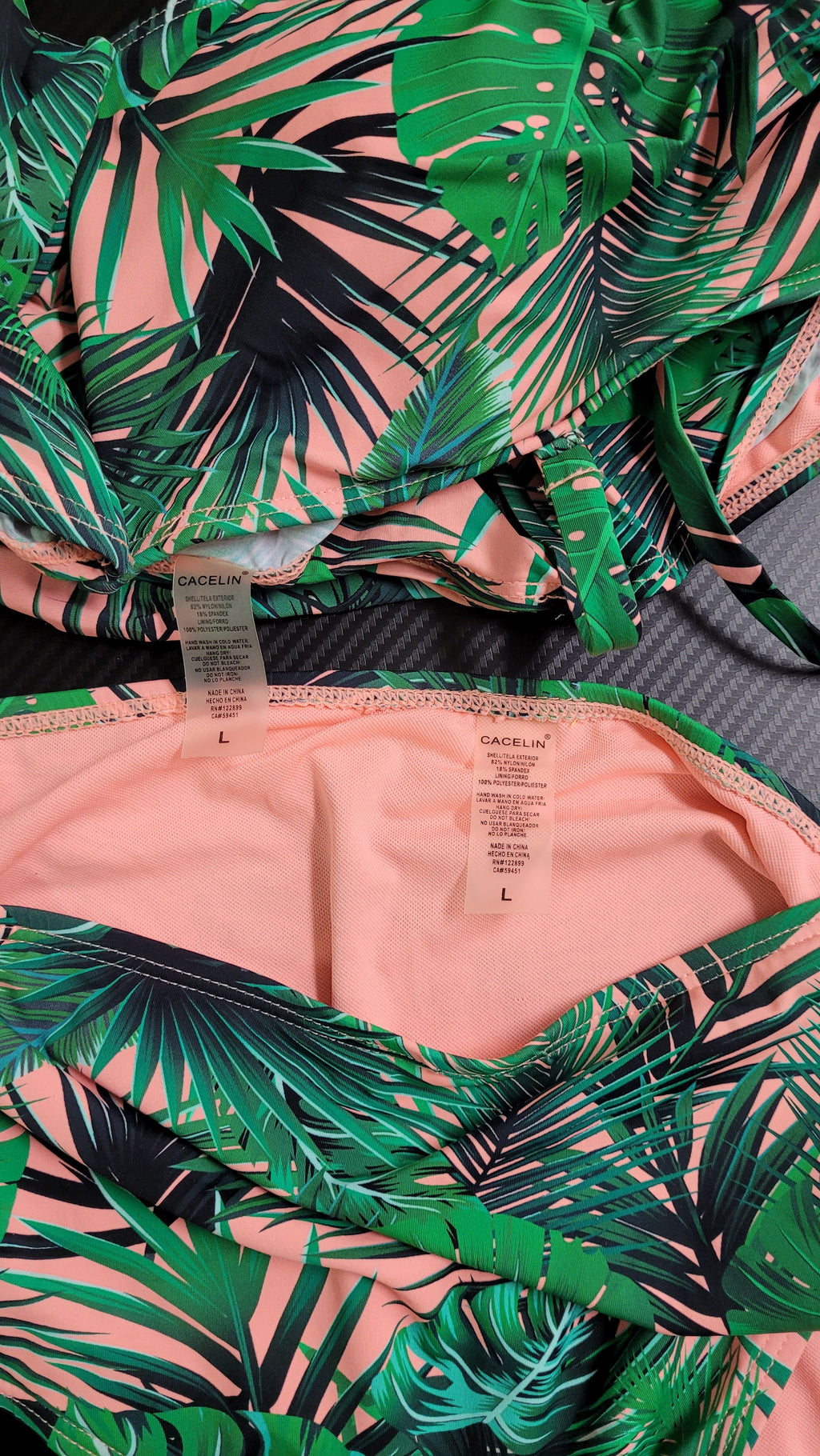 Cacelin Tropical Leaf Print Pink/Green Off-Shoulder High-Waisted Bikini Set