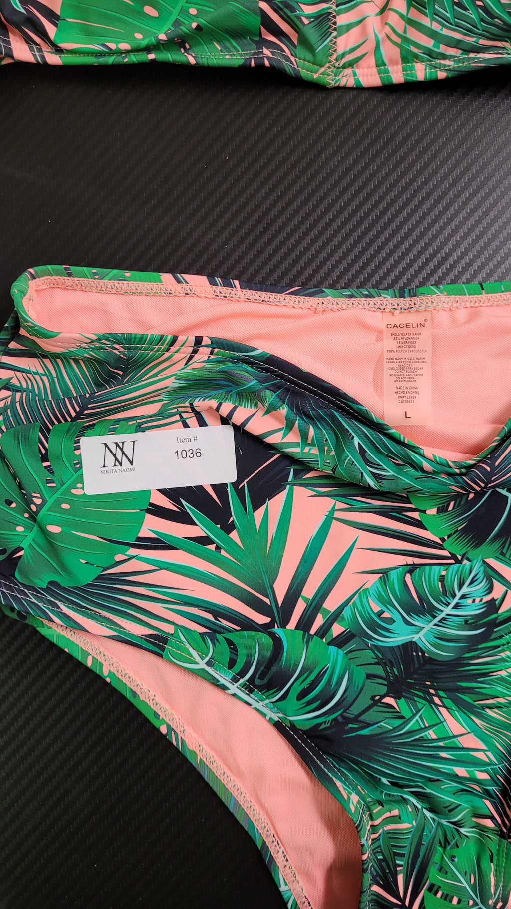 Cacelin Tropical Leaf Print Pink/Green Off-Shoulder High-Waisted Bikini Set