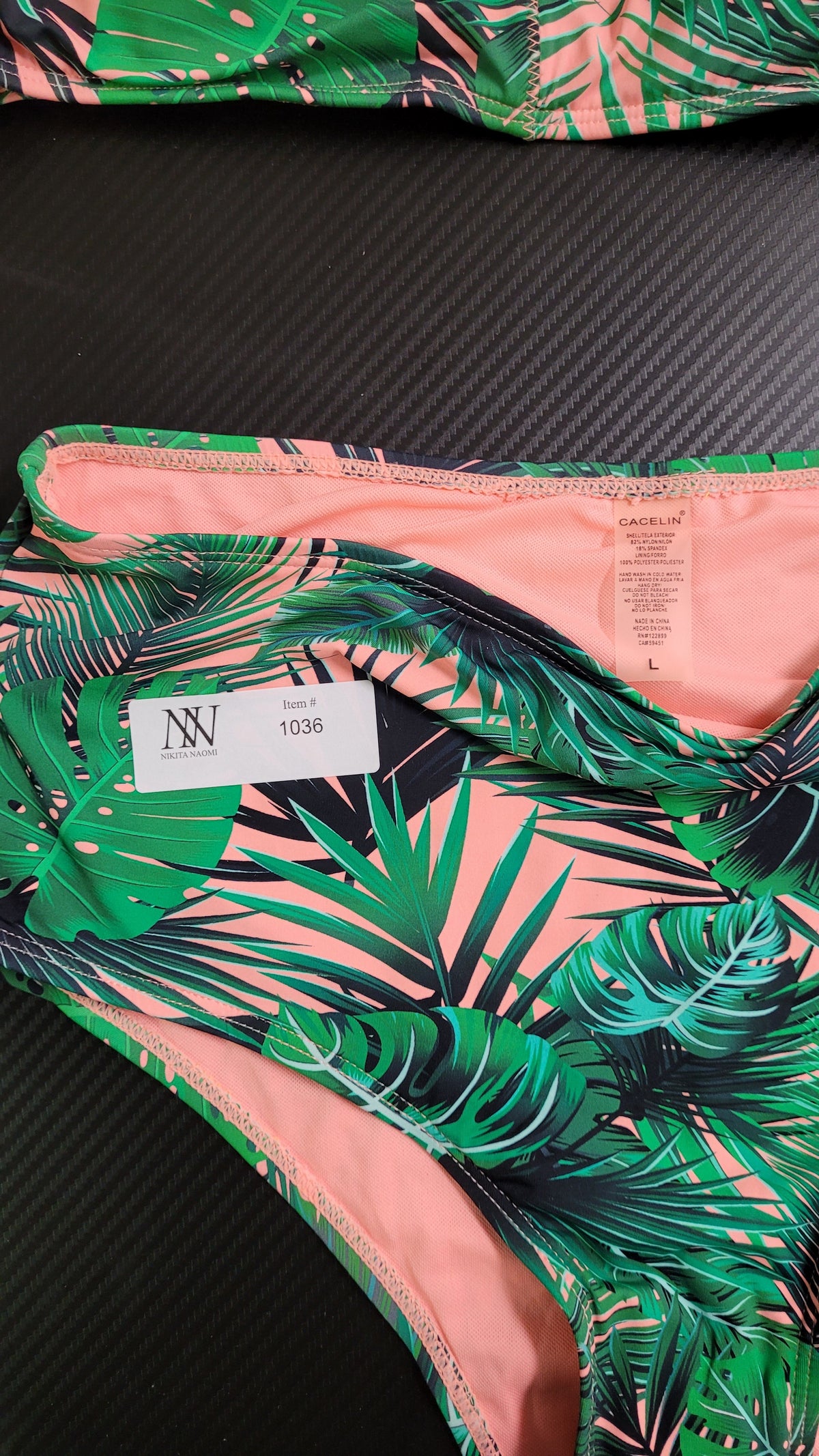 Cacelin Tropical Leaf Print Pink/Green Off-Shoulder High-Waisted Bikini Set