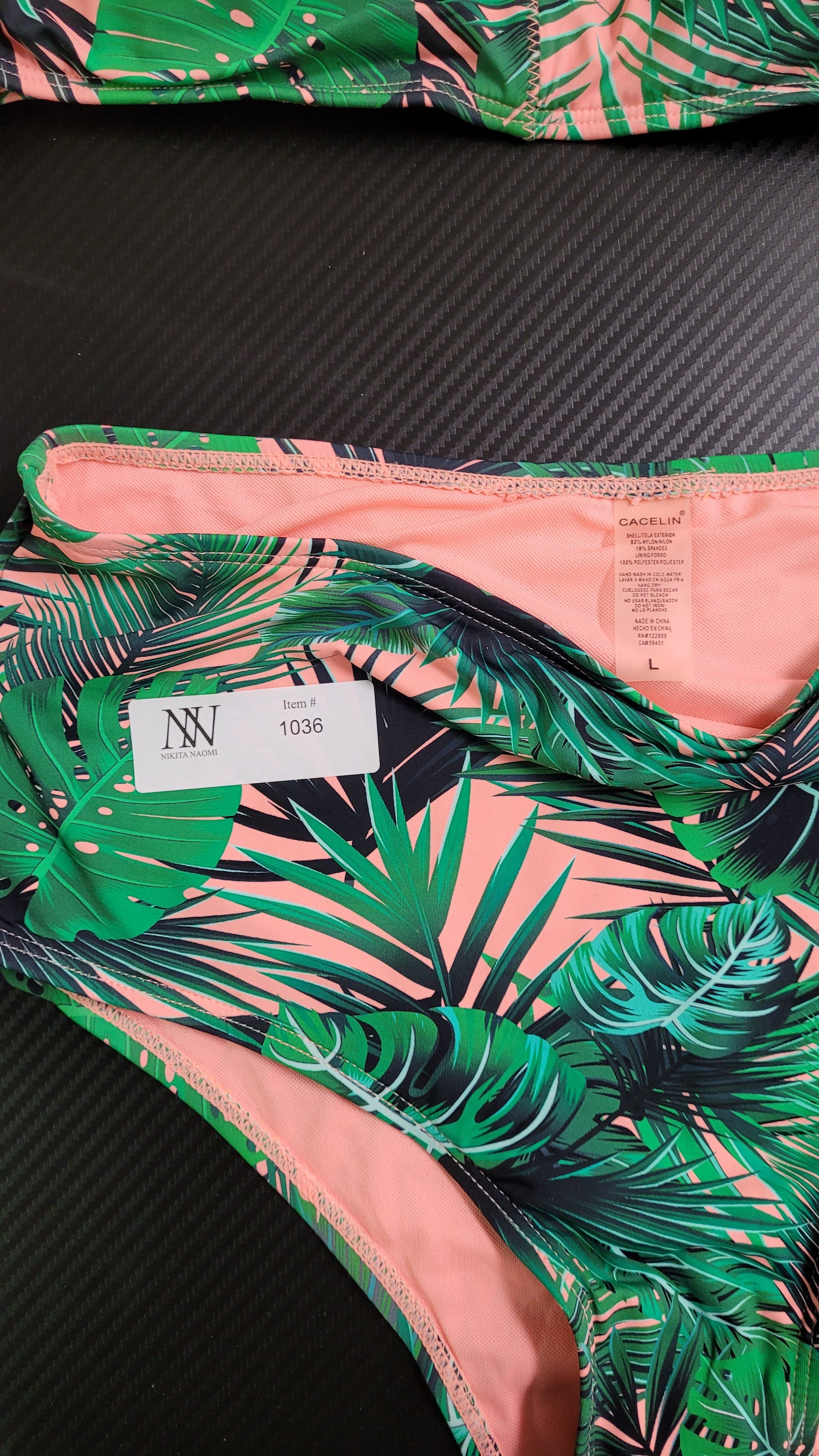 Cacelin Tropical Leaf Print Pink/Green Off-Shoulder High-Waisted Bikini Set