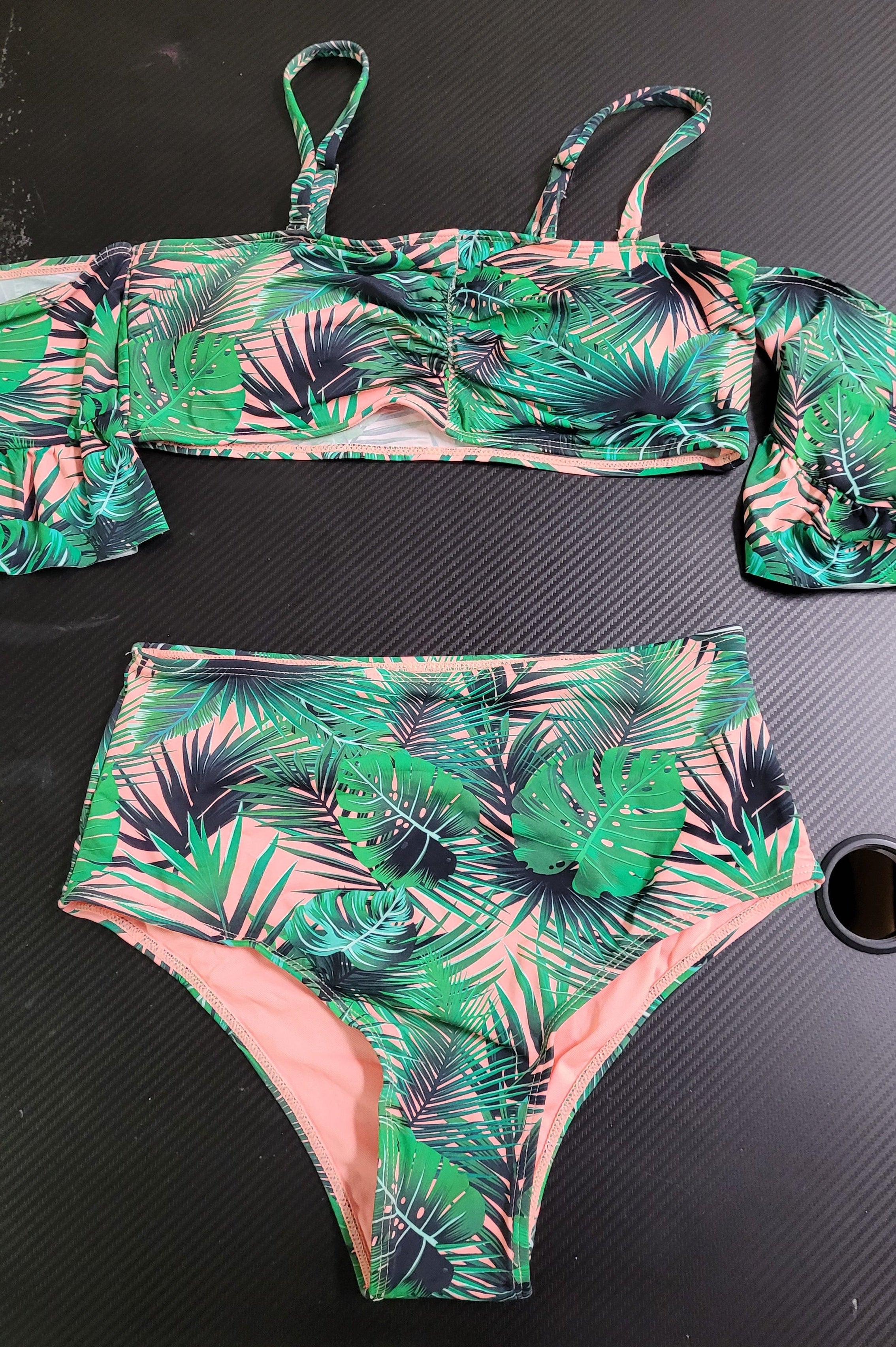 Cacelin Tropical Leaf Print Pink/Green Off-Shoulder High-Waisted Bikini Set