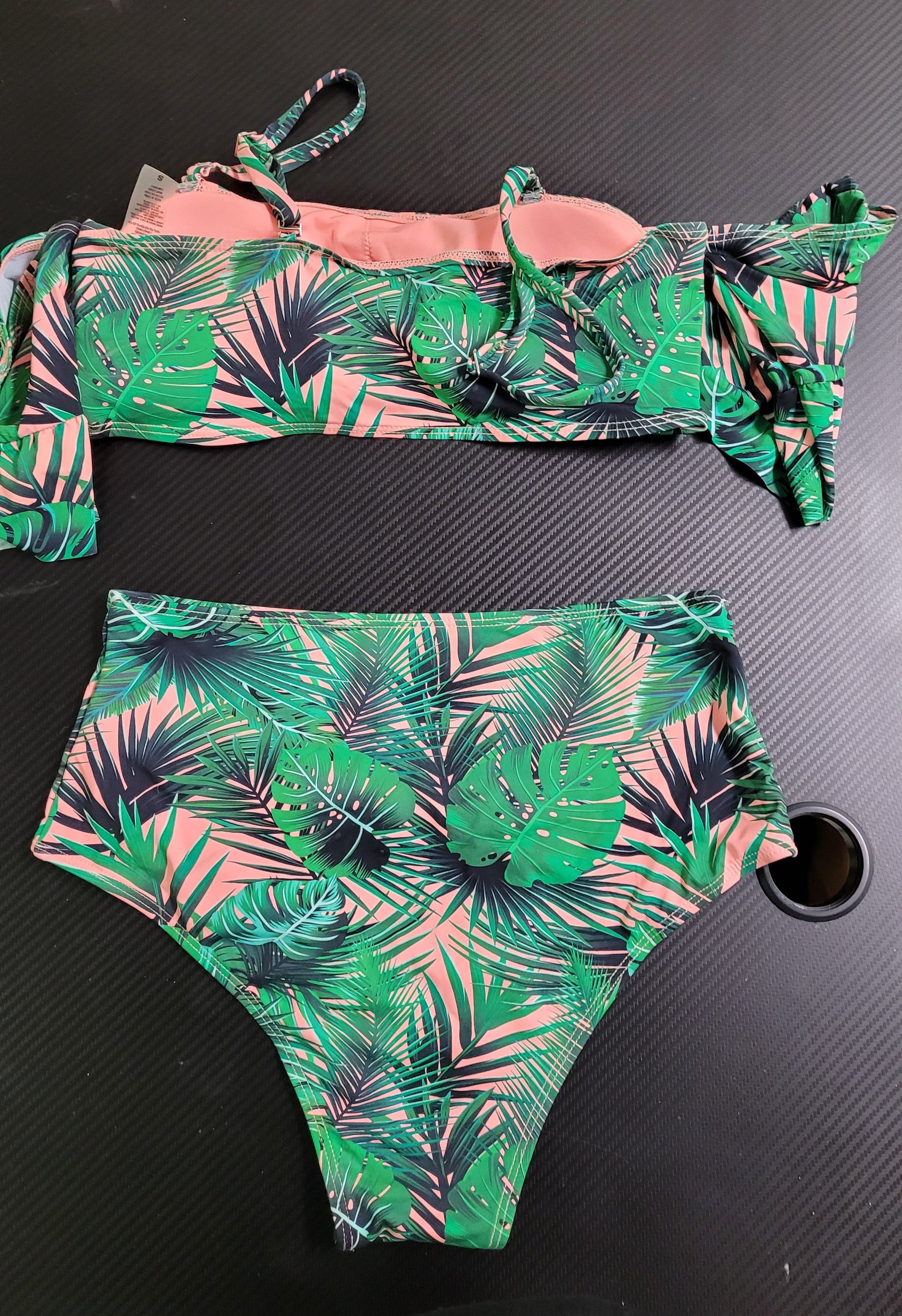 Cacelin Tropical Leaf Print Pink/Green Off-Shoulder High-Waisted Bikini Set