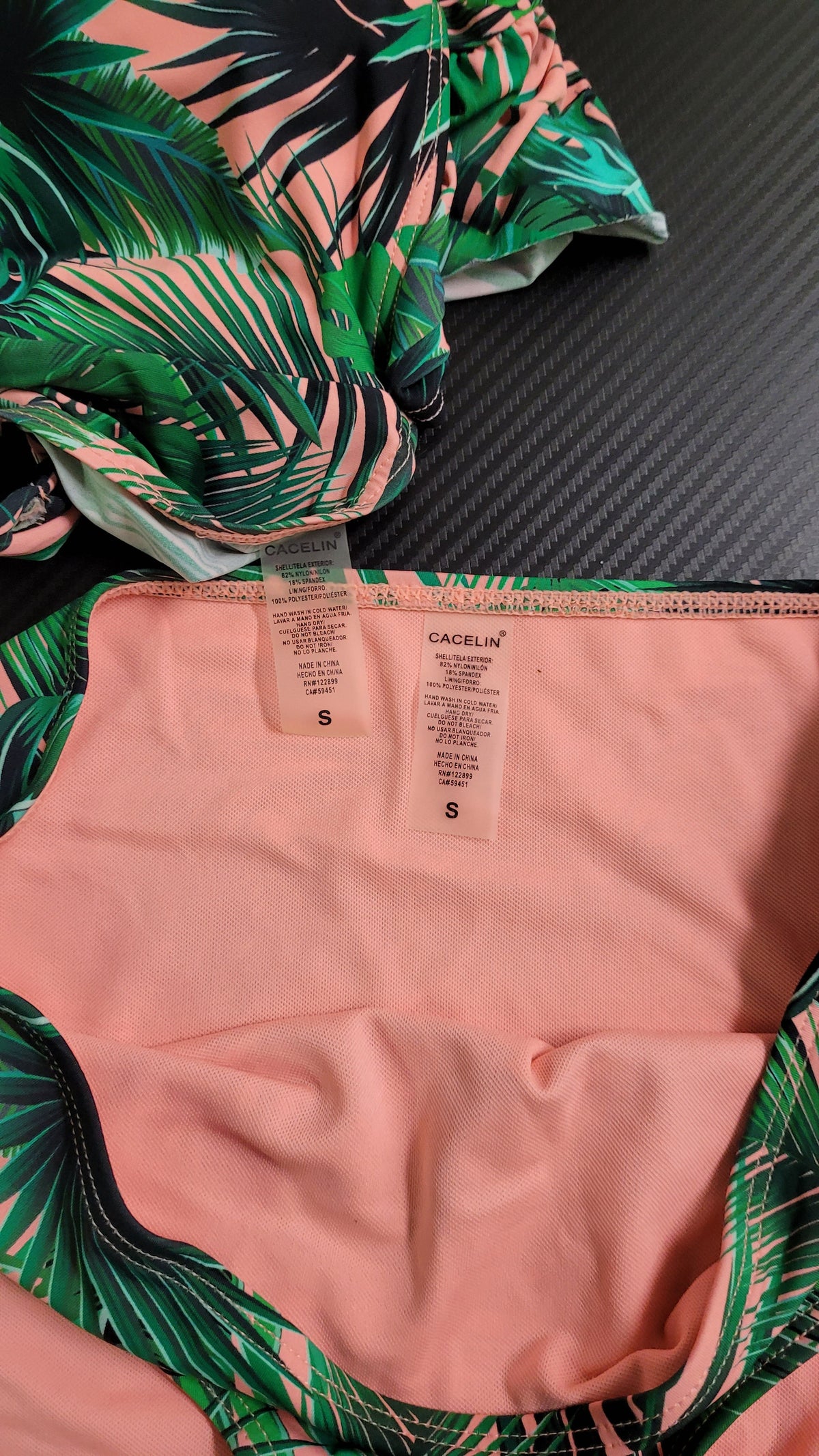 Cacelin Tropical Leaf Print Pink/Green Off-Shoulder High-Waisted Bikini Set