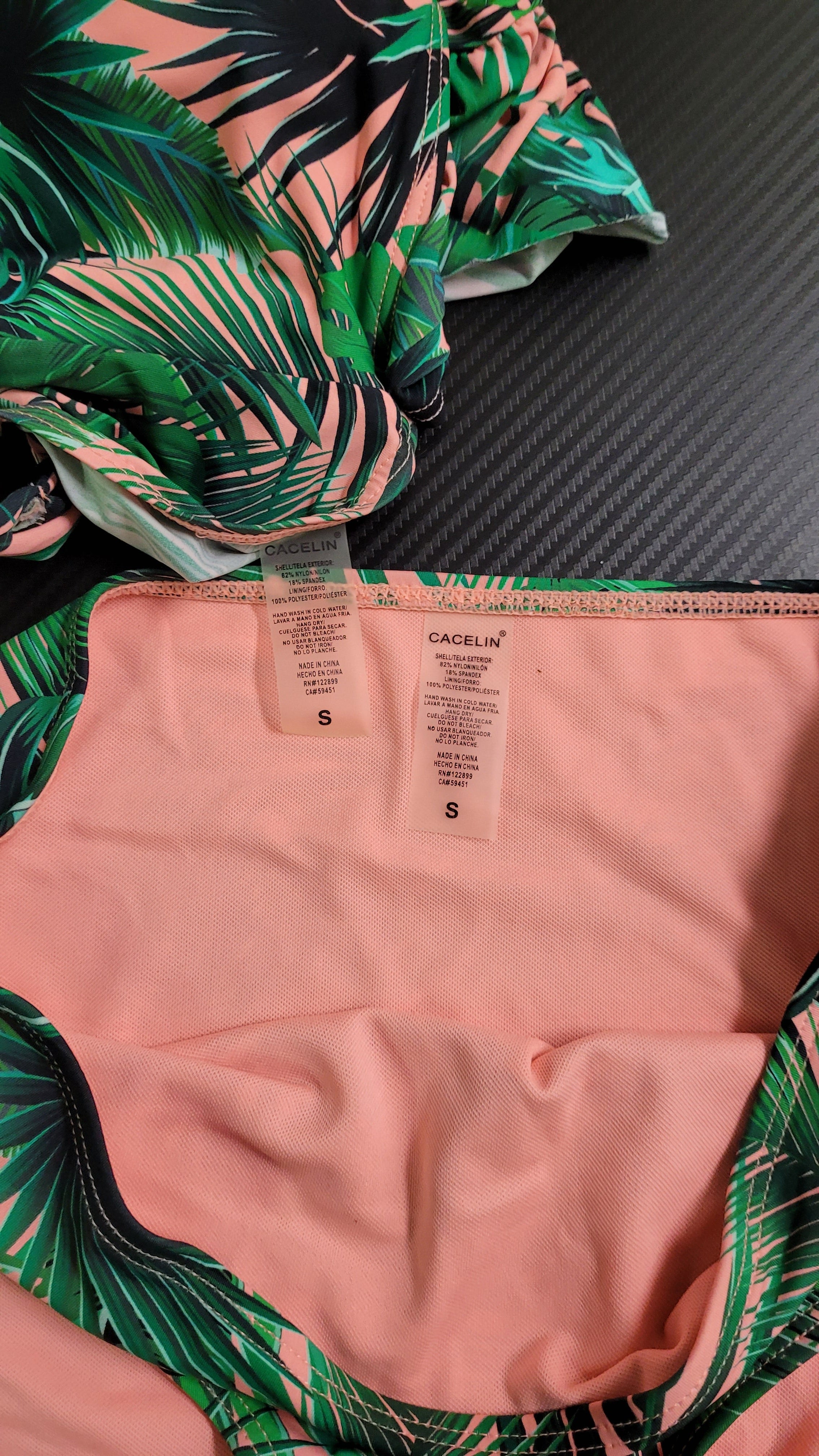 Cacelin Tropical Leaf Print Pink/Green Off-Shoulder High-Waisted Bikini Set