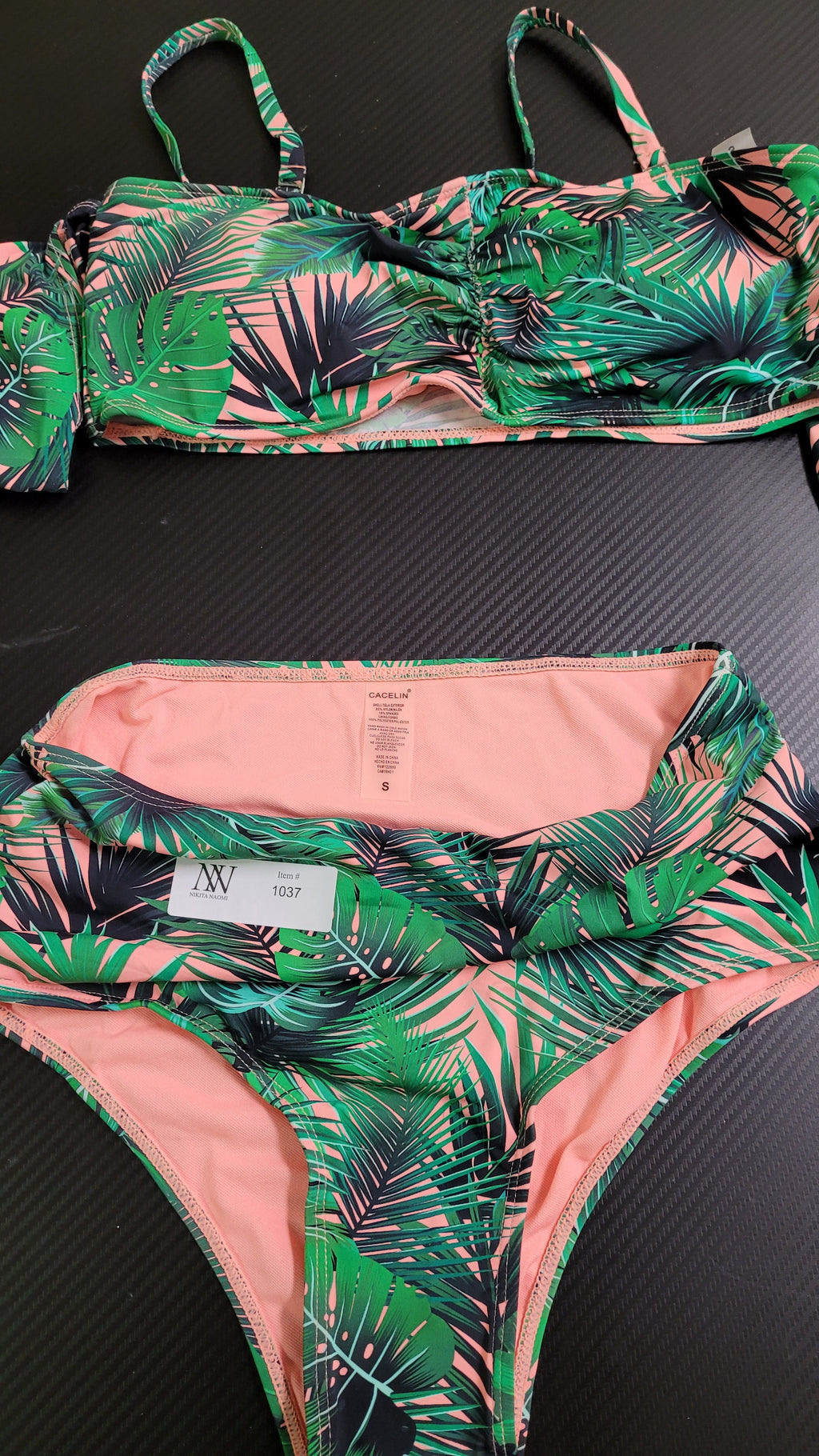 Cacelin Tropical Leaf Print Pink/Green Off-Shoulder High-Waisted Bikini Set