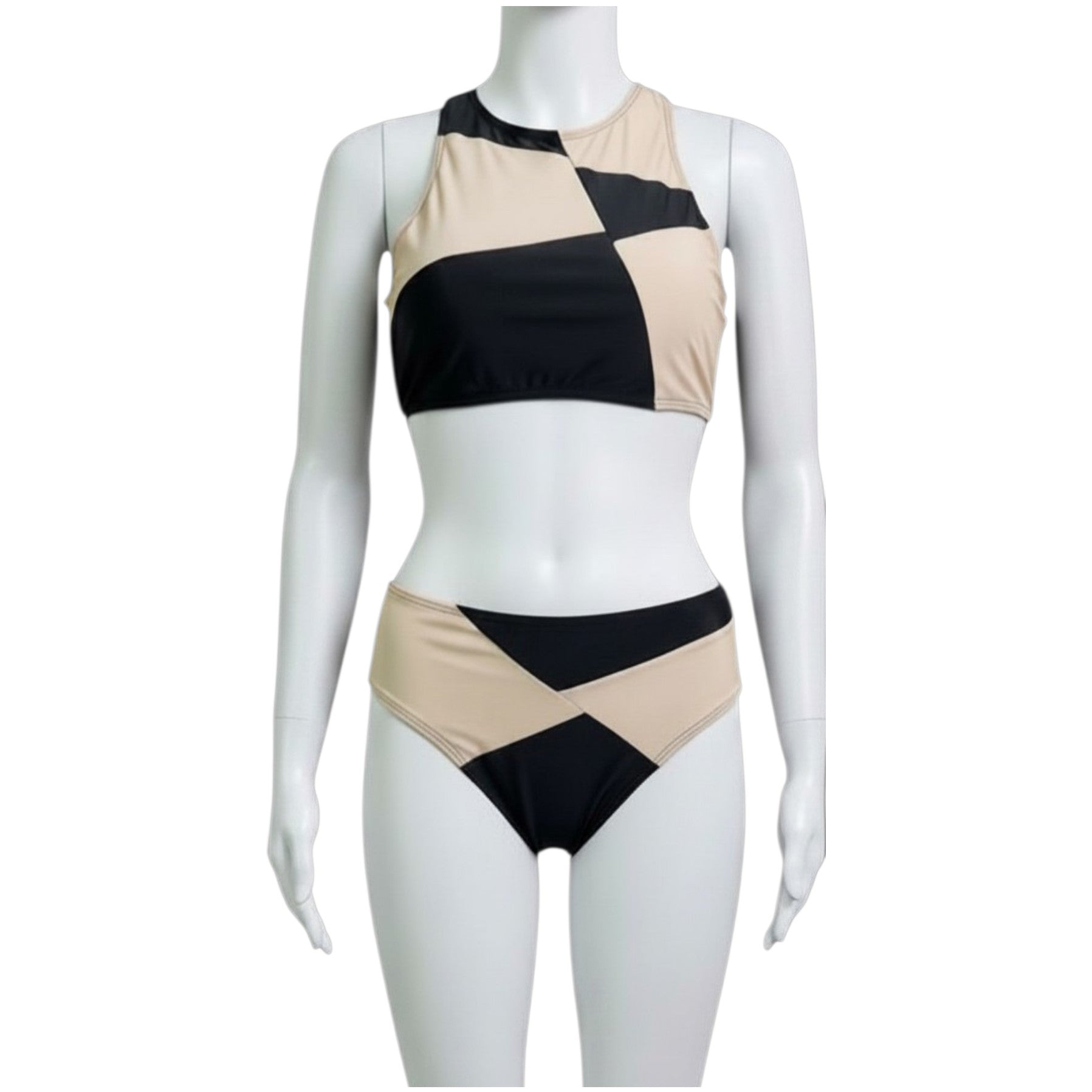 Geometric Panel Color Block Black/Beige Two-Piece Bikini Set