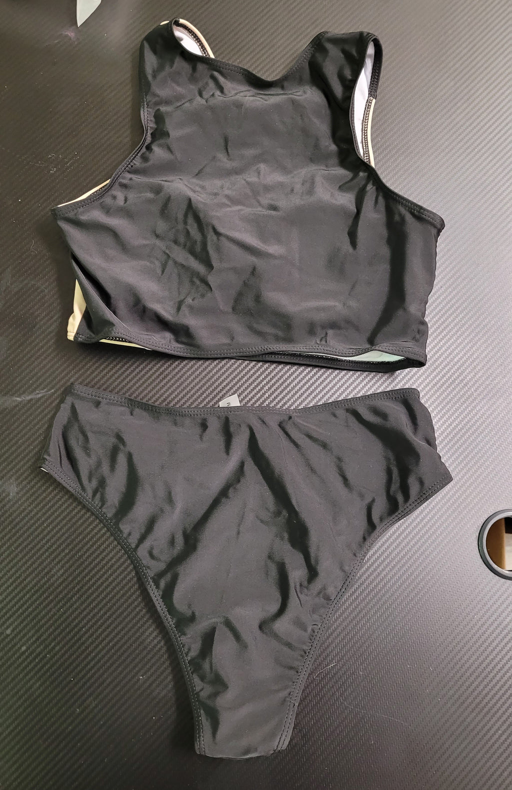 Geometric Panel Color Block Black/Beige Two-Piece Bikini Set