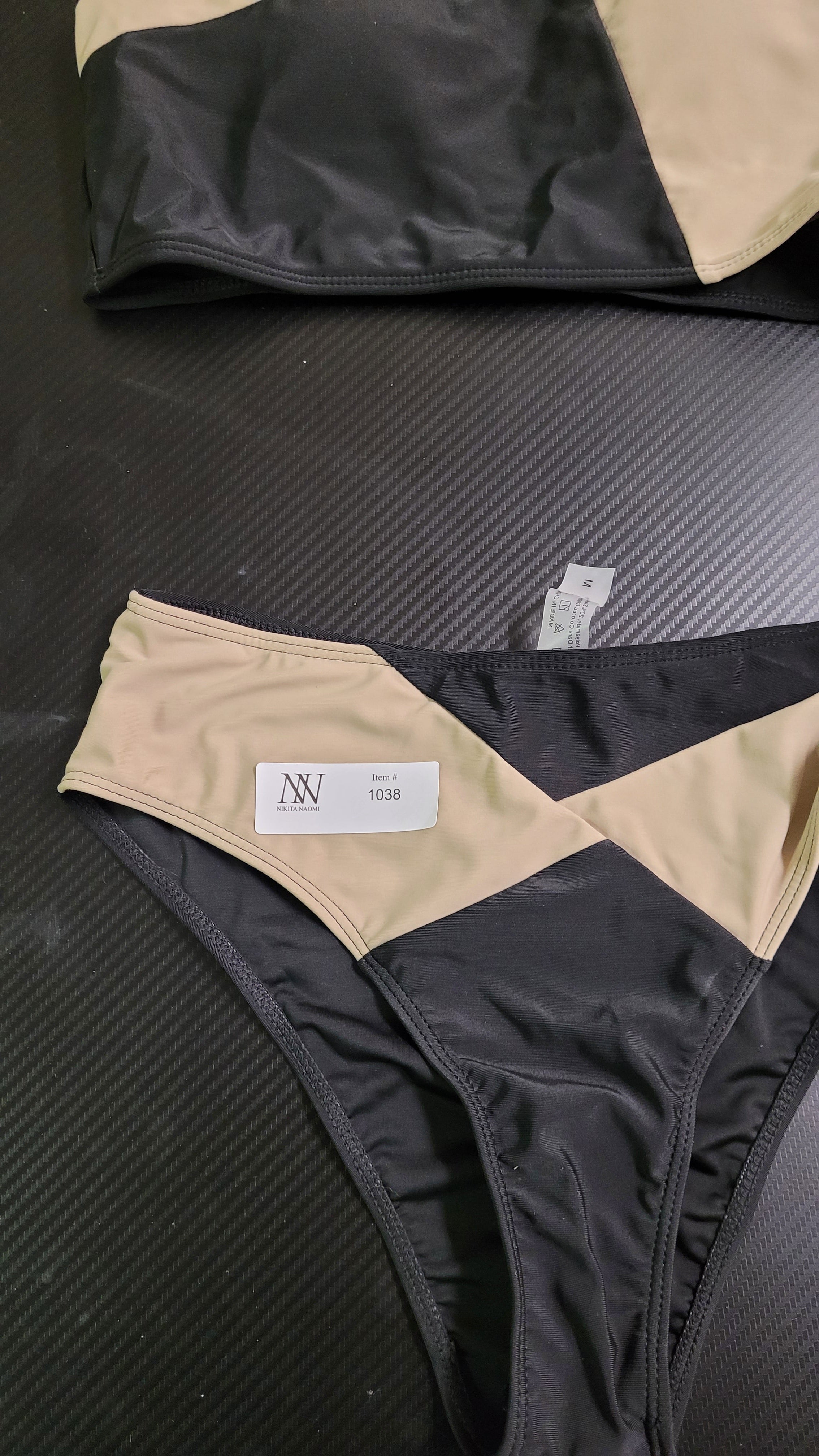 Geometric Panel Color Block Black/Beige Two-Piece Bikini Set