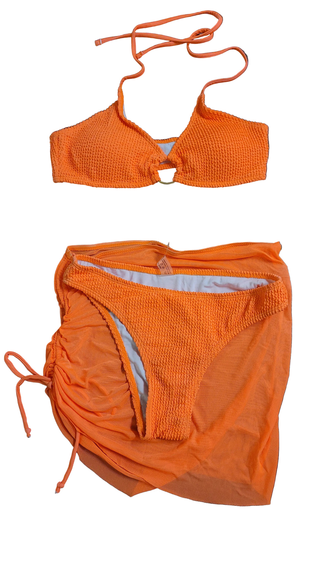 #1041 Orange Textured Bikini Set with Mesh Cover-Up 3 Piece Swimsuit