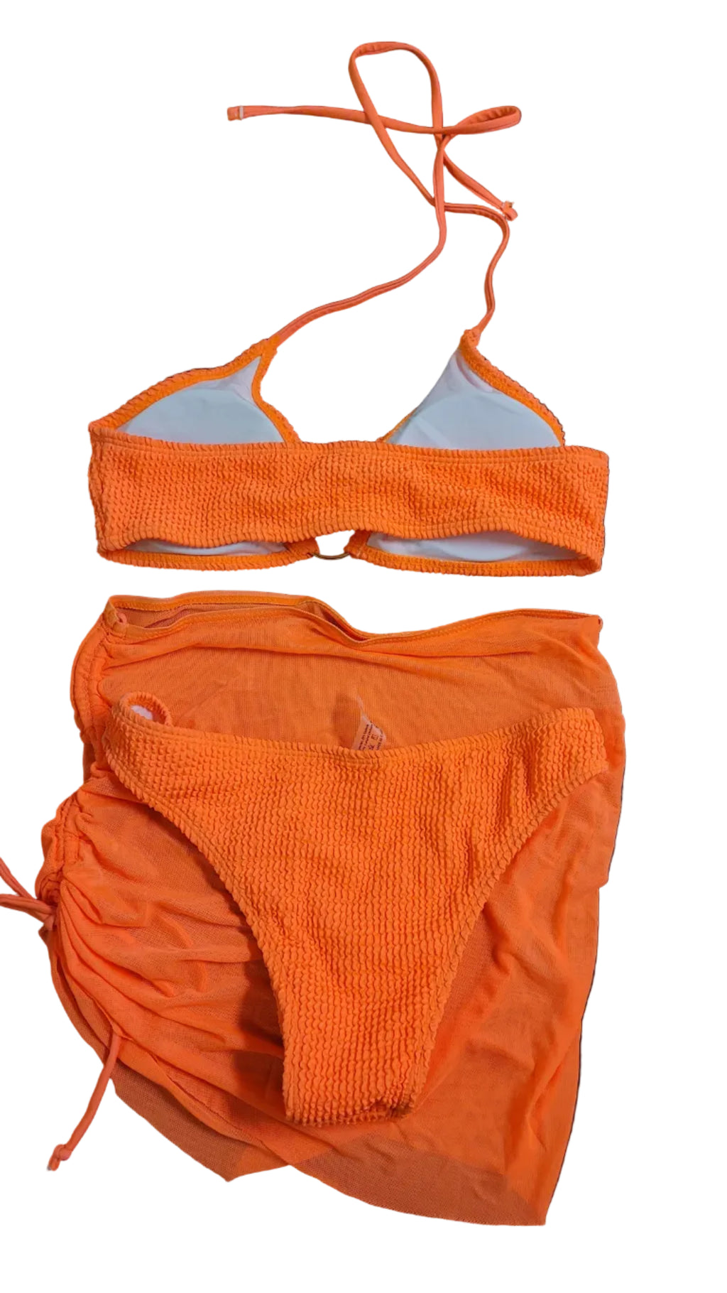 #1041 Orange Textured Bikini Set with Mesh Cover-Up 3 Piece Swimsuit