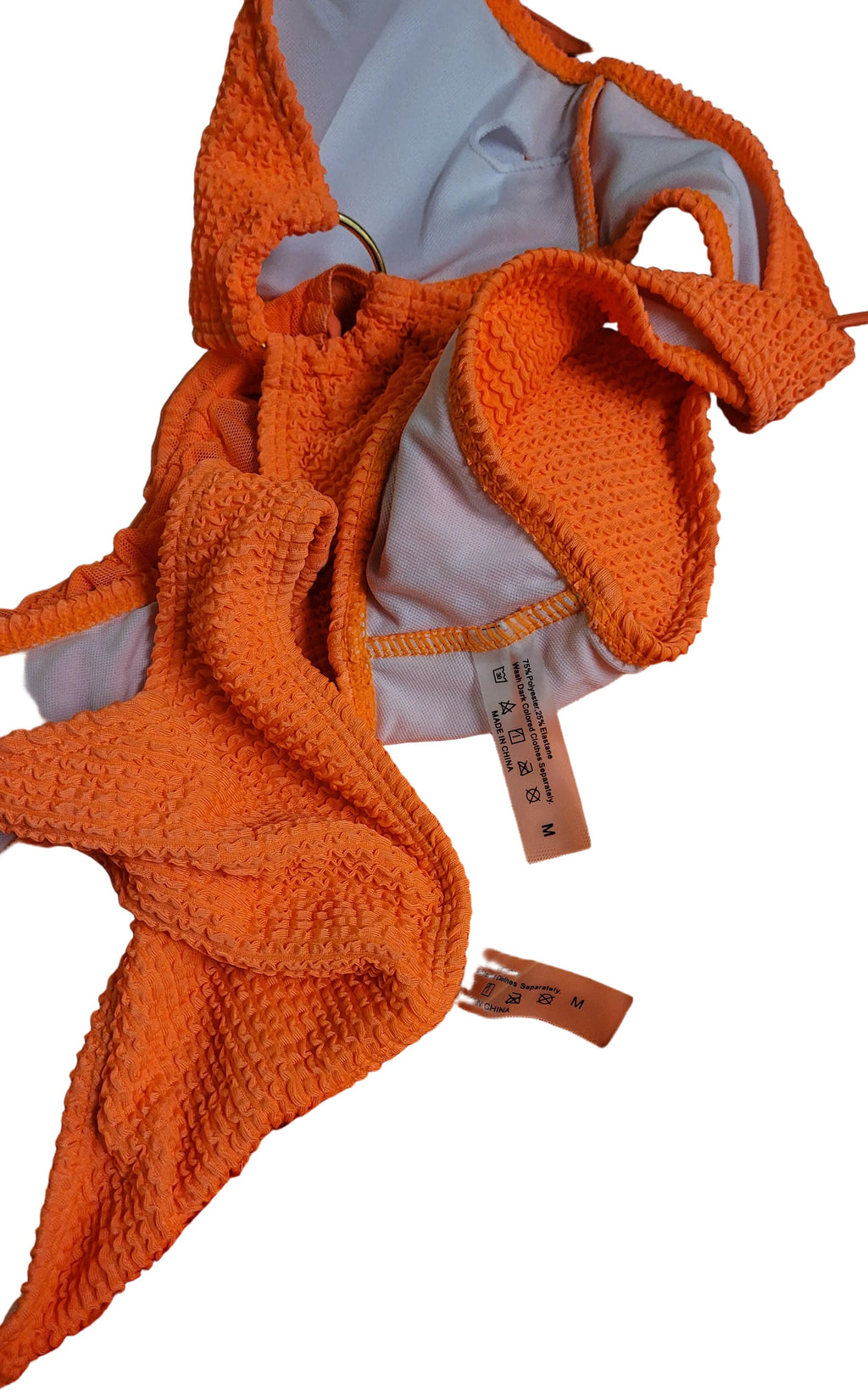 #1041 Orange Textured Bikini Set with Mesh Cover-Up 3 Piece Swimsuit