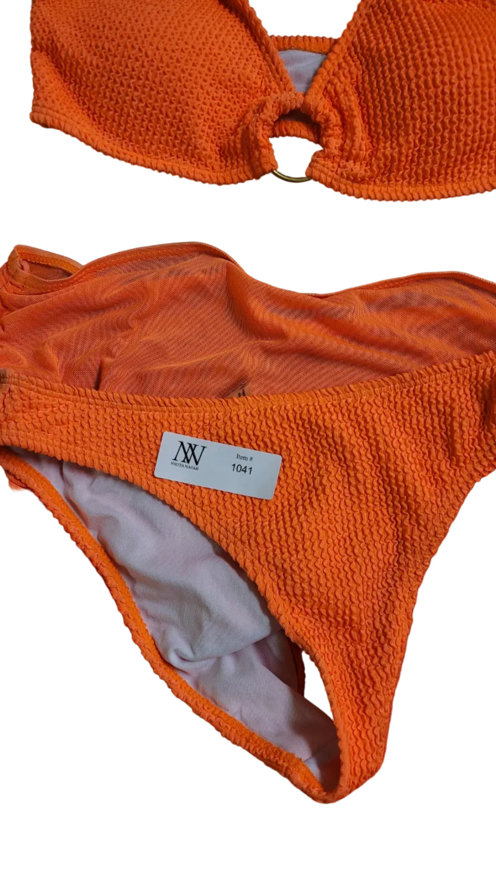#1041 Orange Textured Bikini Set with Mesh Cover-Up 3 Piece Swimsuit