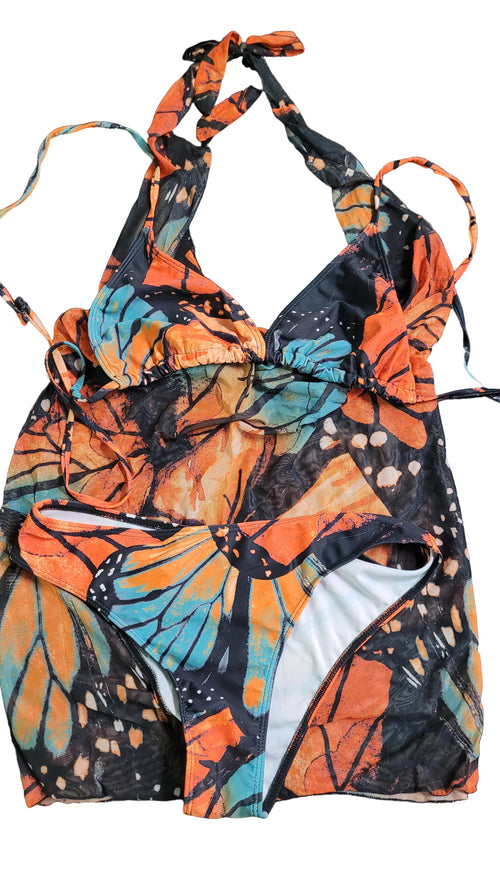 #1043 Butterfly Print 3 Piece Bikini Set Multicolor Mesh Cover-Up Swimsuit