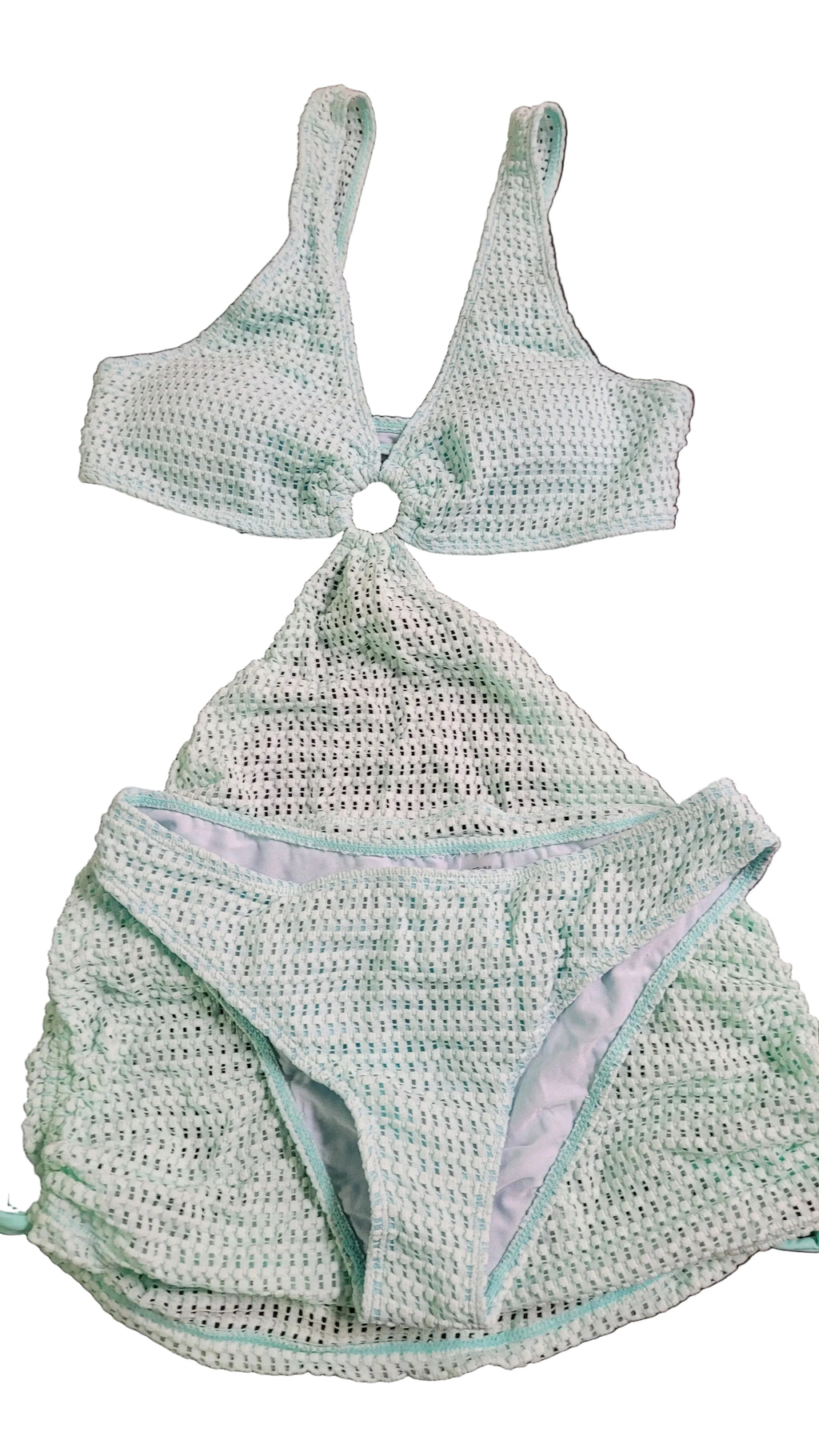 #1044 Mint Green Textured 3 Piece Bikini Set with Cover-Up Skirt Swimsuit