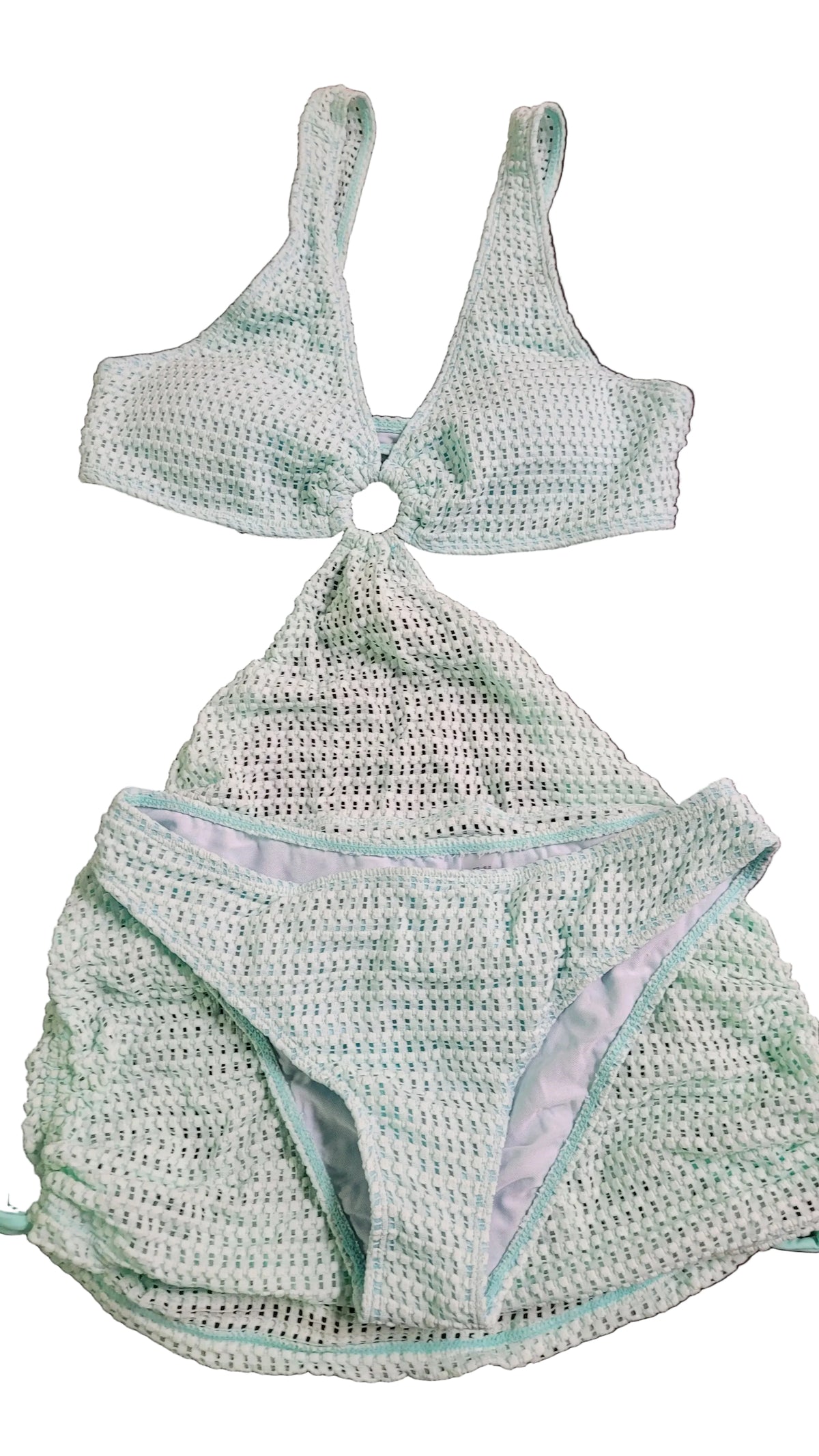 #1044 Mint Green Textured 3 Piece Bikini Set with Cover-Up Skirt Swimsuit