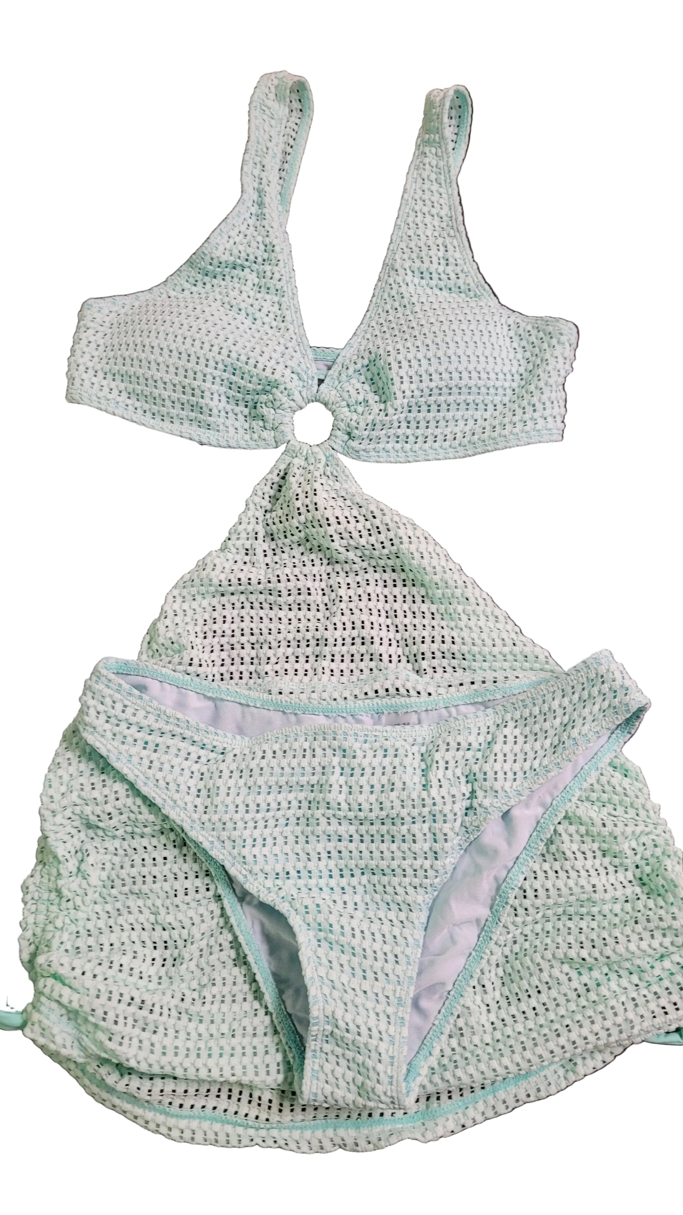 #1044 Mint Green Textured 3 Piece Bikini Set with Cover-Up Skirt Swimsuit