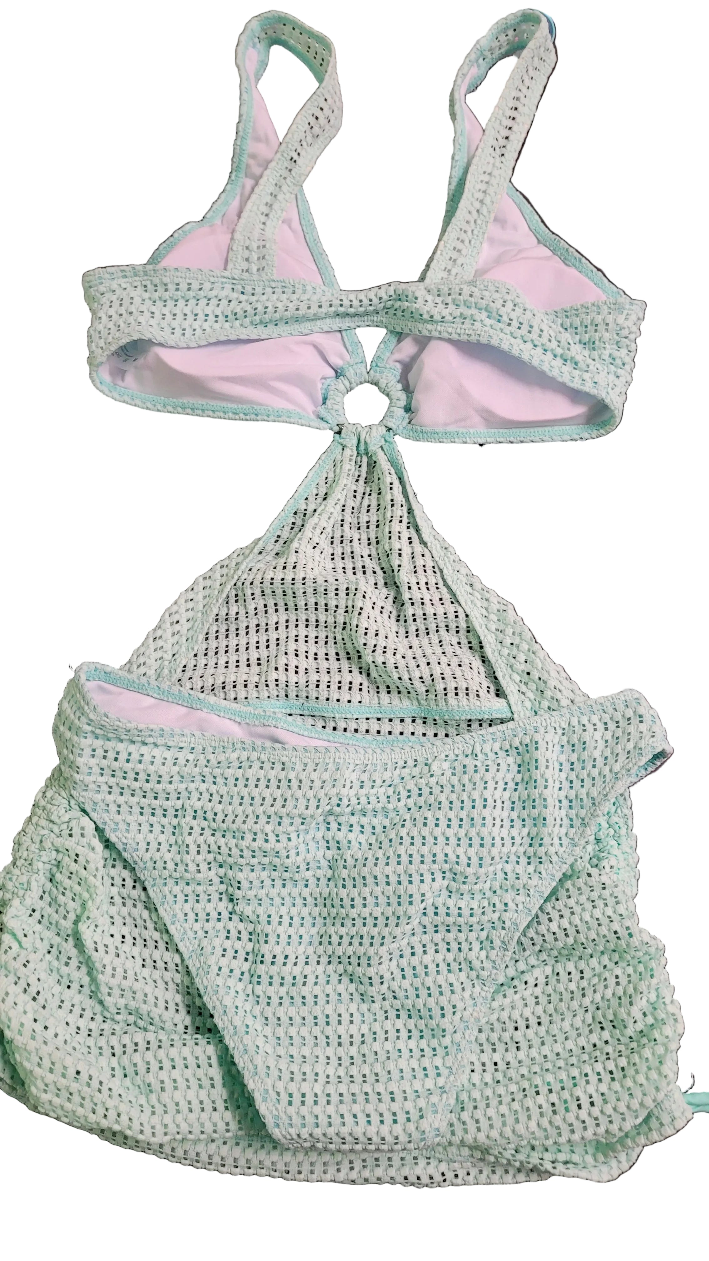 #1044 Mint Green Textured 3 Piece Bikini Set with Cover-Up Skirt Swimsuit