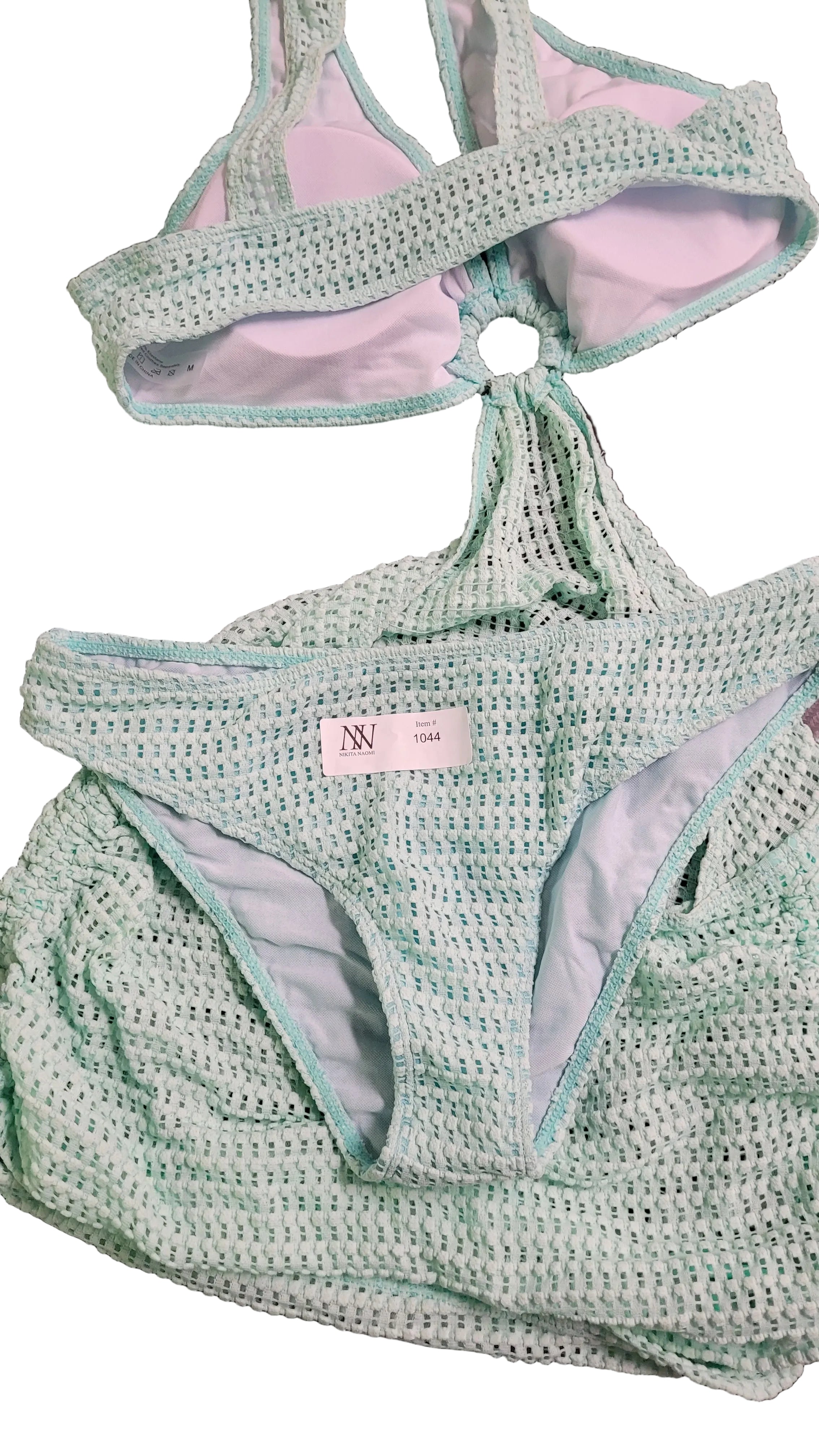 #1044 Mint Green Textured 3 Piece Bikini Set with Cover-Up Skirt Swimsuit